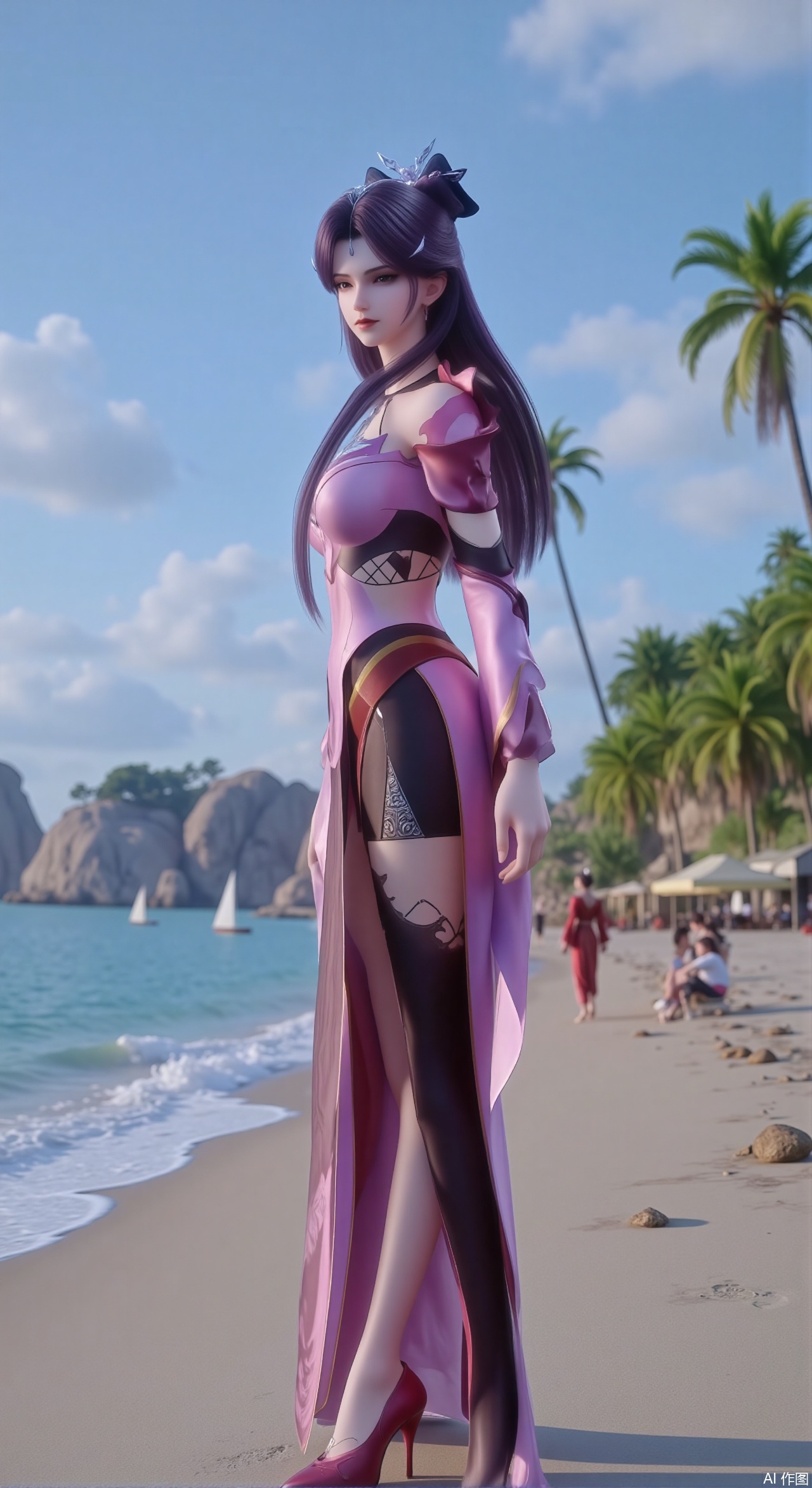 sfw,(masterpiece:1.2),best quality,absurdres,masterpiece,original,extremely detailed wallpaper,perfect lighting,1girl,solo,looking at viewer,(cowboy_shot:1.3),short hair,high heels,blurry background,depth of field,motion blur,crystal_earrings,headpiece,in summer,day,outdoors,nature,(standing,Seaside, beach, sailboat, coconut trees:1.59),(huge breasts:2.99),(full breasts:2.99),Xzhihua,Xsiyouyou,Xyanruyu,Xmoxiaonan,Xyeqingxian,Xyinxuehou,Xpoyuhou,XbaihehuaiX,Xjiangbilan,Xhuajin,XshengcaierY,Xmengyuyi,Xxiaomei