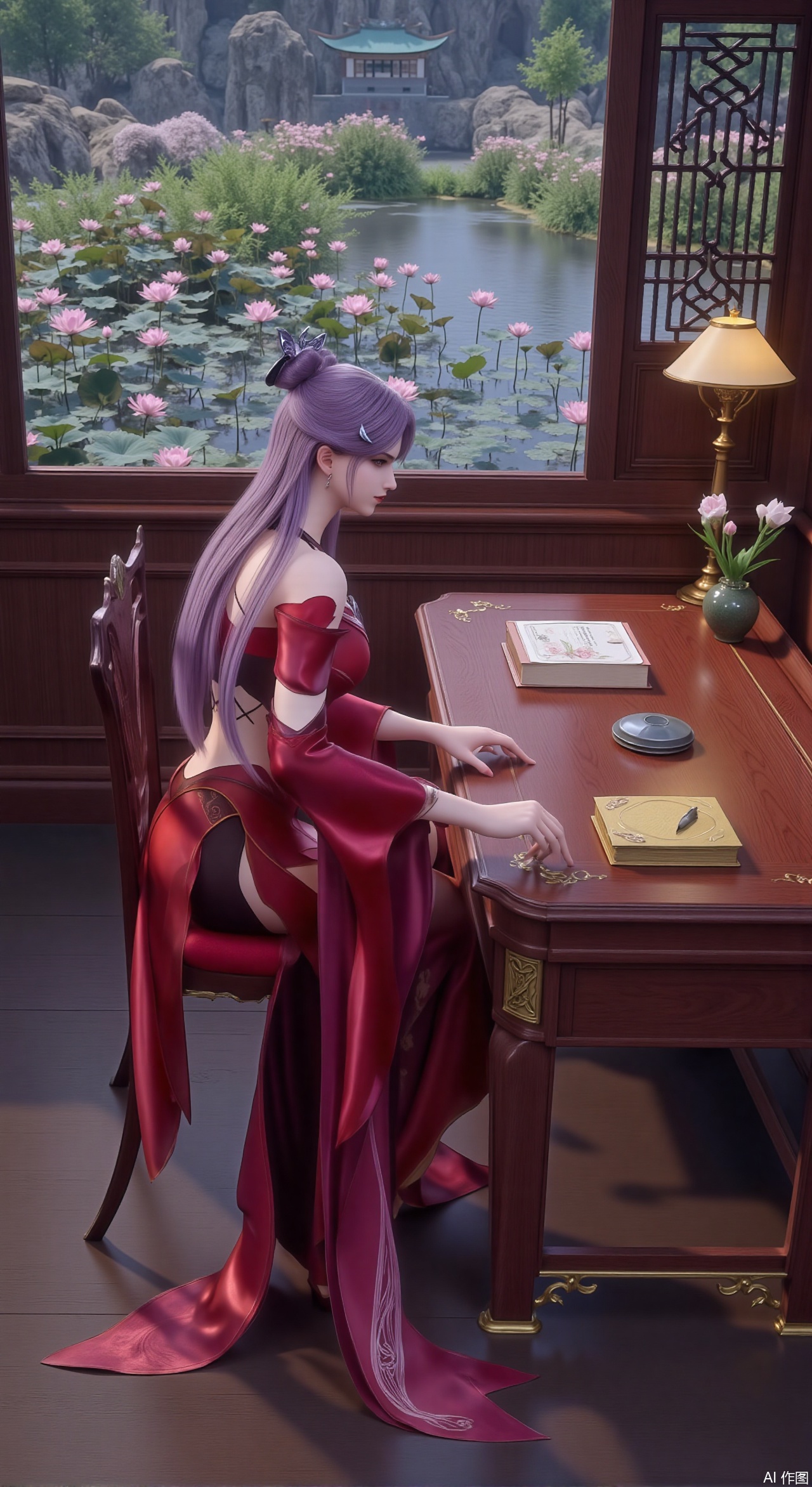 (masterpiece, best quality:1.2),1girl, solo, long dress,Ancient princess's boudoir with bright color palette,,(huge breasts:2.59),(full breasts:2.39), Hanfu-clad maiden sitting by latticed window desk in romantic daydreaming posture, classical Chinese garden through window showcasing lotus pond filled with blooming pink and white lotuses, delicate ink-wash painting style, interior featuring rosewood furniture with mother-of-pearl inlay, silk curtains fluttering in breeze, porcelain stationery set on desk, distant view of curved bridges and pavilions in garden, ultra HD rendering with crisp details on embroidered garments and translucent lotus petals,,(huge breasts:2.99),(full breasts:2.99),,Xzhihua,Xsiyouyou,Xyanruyu,Xmoxiaonan,Xyeqingxian,Xyinxuehou,Xpoyuhou,XbaihehuaiX,Xjiangbilan,Xhuajin,XshengcaierY,Xmengyuyi,Xxiaomei