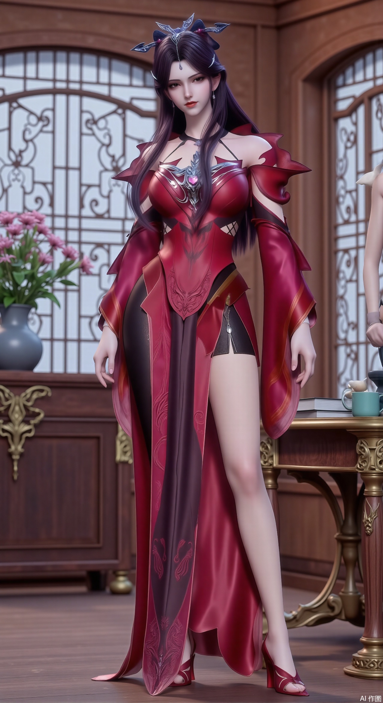 (masterpiece:1.2),Ultra clear, wallpaper, 8k, masterpiece, 1girl, solo, long hair, breasts, looking at viewer, bangs, large breasts,long dress,, bare shoulders, jewelry, black hair, standing, purple eyes, full body, flower, thighs, indoors, hair bun, long dress, high heels, cup, see-through, book, bare legs, window, table, white footwear, standing on one leg, curtains, pink flower, side slit, vase, ,(huge breasts:2.99),(full breasts:2.99),Xzhihua,Xsiyouyou,Xyanruyu,Xmoxiaonan,Xyeqingxian,Xyinxuehou,Xpoyuhou,XbaihehuaiX,Xjiangbilan,Xhuajin,XshengcaierY,Xmengyuyi,Xxiaomei
