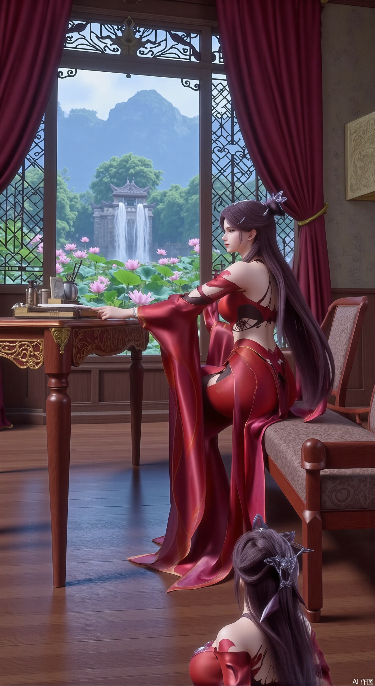 (masterpiece, best quality:1.2),1girl, solo, long dress,Ancient princess's boudoir with bright color palette,,(huge breasts:2.59),(full breasts:2.39), Hanfu-clad maiden sitting by latticed window desk in romantic daydreaming posture, classical Chinese garden through window showcasing lotus pond filled with blooming pink and white lotuses, delicate ink-wash painting style, interior featuring rosewood furniture with mother-of-pearl inlay, silk curtains fluttering in breeze, porcelain stationery set on desk, distant view of curved bridges and pavilions in garden, ultra HD rendering with crisp details on embroidered garments and translucent lotus petals,,(huge breasts:2.99),(full breasts:2.99),,Xzhihua,Xsiyouyou,Xyanruyu,Xmoxiaonan,Xyeqingxian,Xyinxuehou,Xpoyuhou,XbaihehuaiX,Xjiangbilan,Xhuajin,XshengcaierY,Xmengyuyi,Xxiaomei