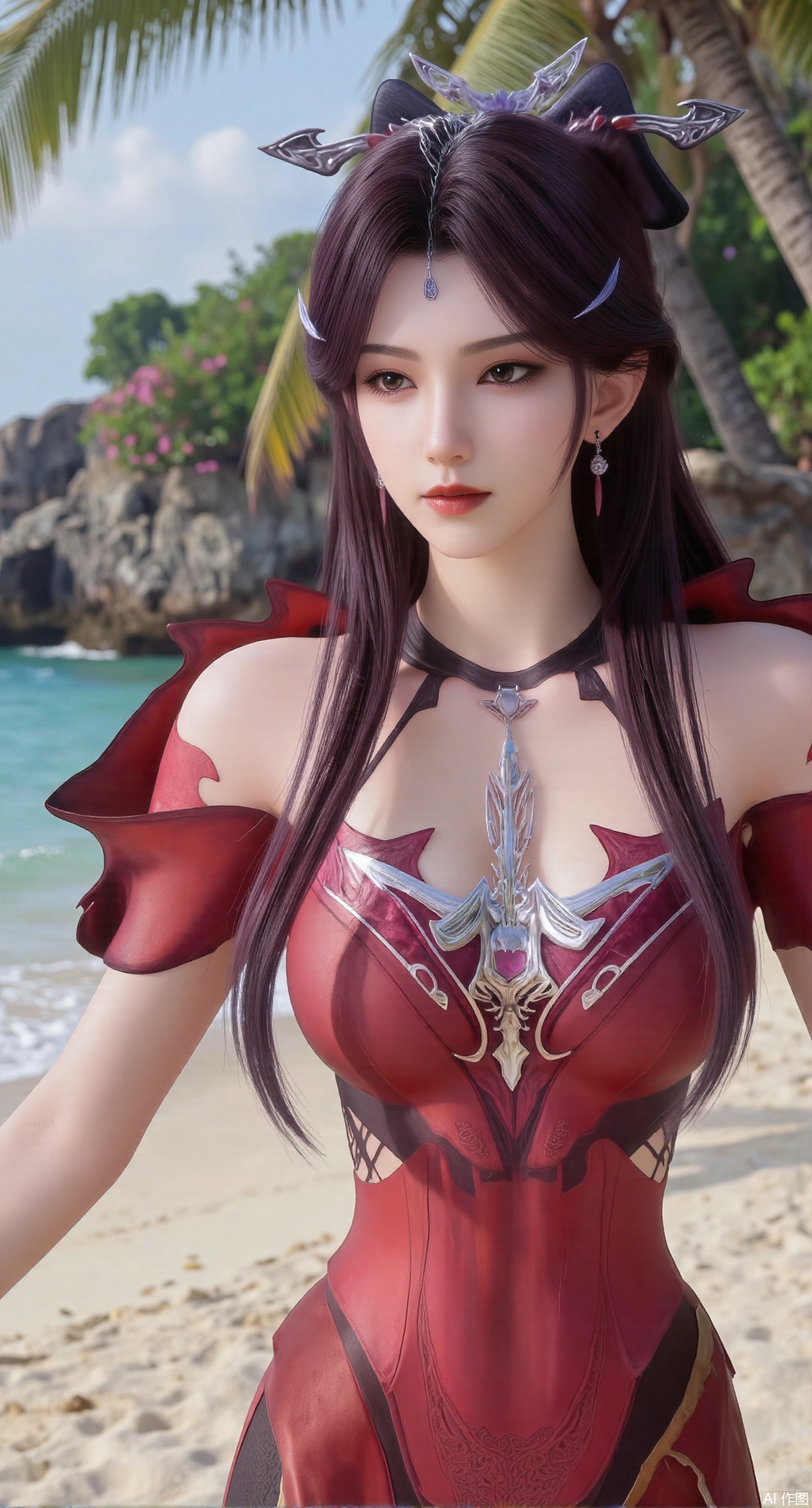 (masterpiece:1.2),best quality,absurdres,masterpiece,original,extremely detailed wallpaper,perfect lighting,Golden sandy beach covered with vibrant flowers, turquoise waves gently lapping the shore, , bright flower clusters spreading from sand to palm tree roots, soft natural light filtering through coconut leaves, ocean breeze lifting hair and qipao hem, high-resolution details showcasing petal textures and silk fabric sheen, ultra-wide angle lens capturing coastline panorama, cinematic color grading with soft focus on the central figure,(huge breasts:2.99),(full breasts:2.99),XshengcaierY,Xmengyuyi,Xxiaomei,Xgufenghuaqiang