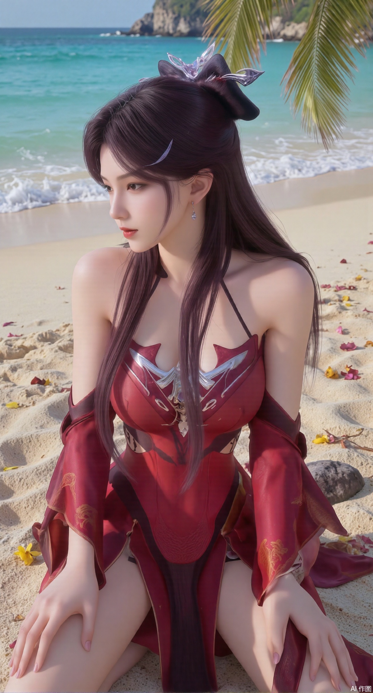 (masterpiece:1.2),best quality,absurdres,masterpiece,original,extremely detailed wallpaper,perfect lighting,Golden sandy beach covered with vibrant flowers, turquoise waves gently lapping the shore, , bright flower clusters spreading from sand to palm tree roots, soft natural light filtering through coconut leaves, ocean breeze lifting hair and qipao hem, high-resolution details showcasing petal textures and silk fabric sheen, ultra-wide angle lens capturing coastline panorama, cinematic color grading with soft focus on the central figure,(huge breasts:2.99),(full breasts:2.99),XshengcaierY,Xmengyuyi,Xxiaomei,Xgufenghuaqiang