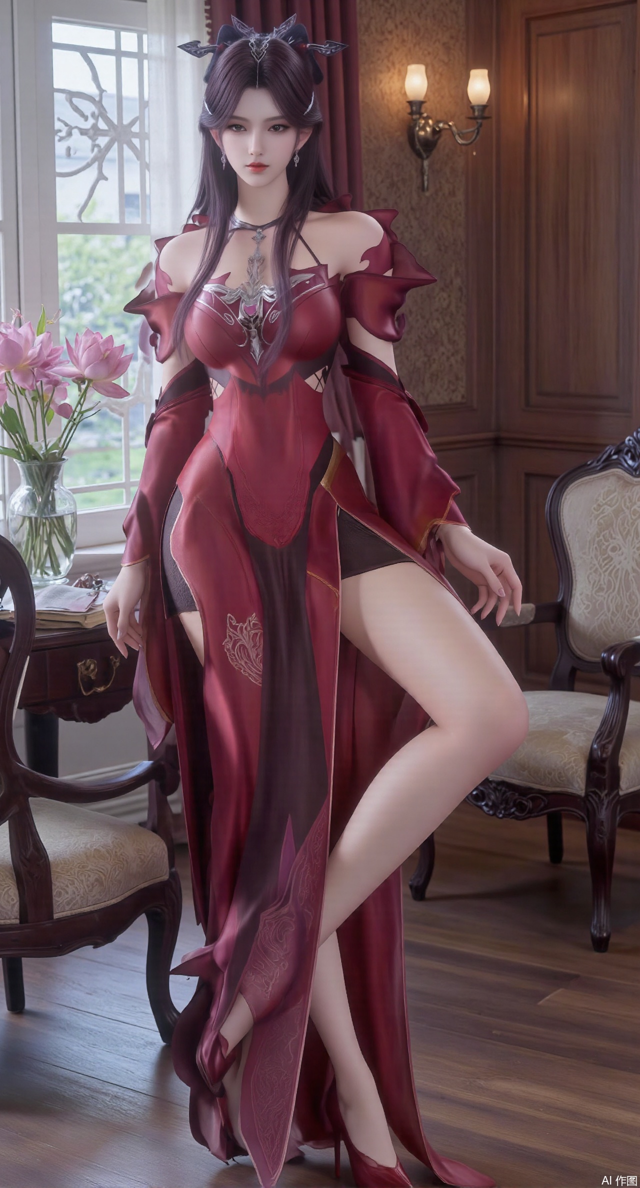 (masterpiece:1.2),best quality,Ultra clear, wallpaper, 8k, masterpiece, 1girl, solo, long hair, breasts, looking at viewer, bangs, large breasts,long dress,, bare shoulders, jewelry, black hair, standing, purple eyes, full body, flower, thighs, indoors, hair bun, long dress, high heels, cup, see-through, book, bare legs, window, table, white footwear, standing on one leg, curtains, pink flower, side slit, vase, ,(huge breasts:2.99),(full breasts:2.99),(pink lotus flowers:1.39),XshengcaierY,Xmengyuyi,Xxiaomei,Xgufenghuaqiang