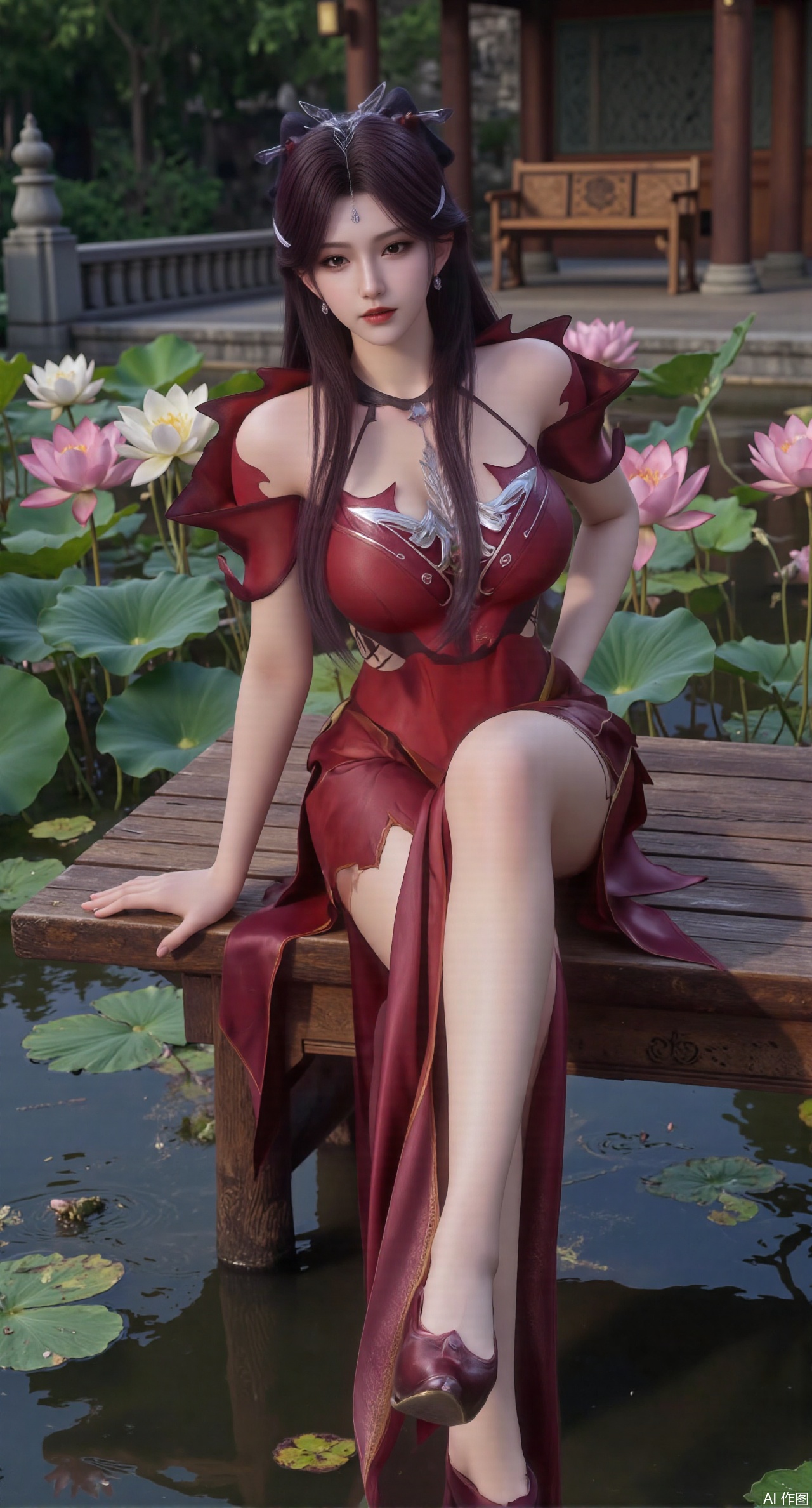 (masterpiece:1.2),best quality,The image is a digital illustration of a young woman sitting on a wooden bench in a pond with lily pads. She is wearing a long dress with design on the chest and sleeves. The dress has a high neckline and short sleeves,Holding a lotus in hand. She has long dark hair styled in loose waves and is wearing gold high heels. The woman is posing with one hand on her hip and the other resting on the edge of the bench. The background is filled with pink and white lotus flowers and green leaves. The overall mood of the image is peaceful and serene,(huge breasts:2.99),(full breasts:2.99),(Background with traditional Chinese architecture, lotus pond and pink lotus flowers:1.39),,Xanmiaoyi,Xyunwangshu,XlishaoyinY,Xbaixue,XanmiaoyiY,Xxiuqiuhua,XbaiyuerongY,XyunyunX,XqingnvzongZM,Xjuzi,Xshangguanweier,XanmiaoyiXY,XyunyunXY,Xjiangziyue,Xmeining,Xweinina,Xlenhuan,Xbabata,Xhewanyuzhiyao,XzixiaY,Xyilinna,Xyinxuehou,Xpoyuhou,XshengcaierY,Xmengyuyi,Xxiaomei,Xgufenghuaqiang
