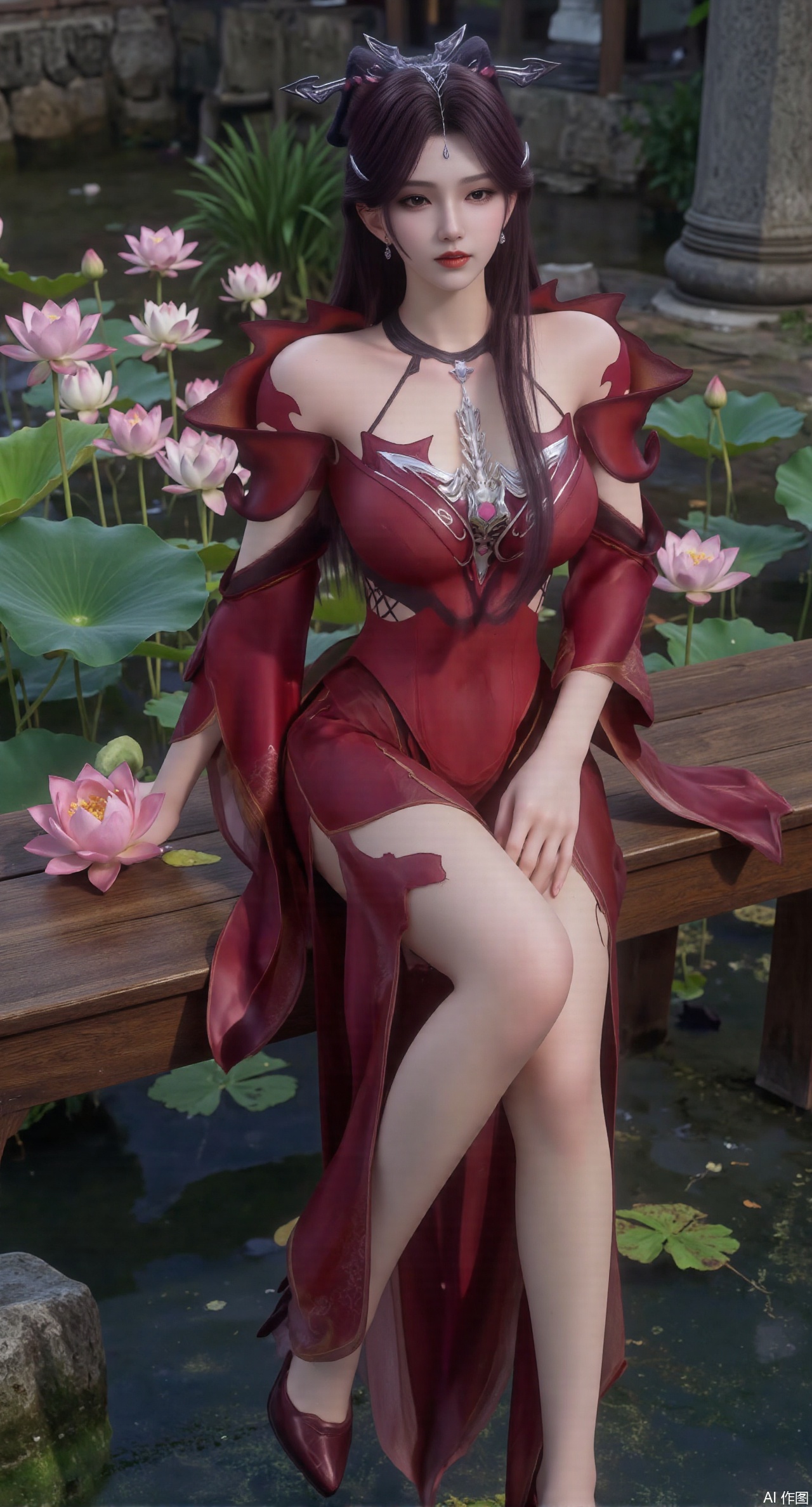 (masterpiece:1.2),best quality,The image is a digital illustration of a young woman sitting on a wooden bench in a pond with lily pads. She is wearing a long dress with design on the chest and sleeves. The dress has a high neckline and short sleeves,Holding a lotus in hand. She has long dark hair styled in loose waves and is wearing gold high heels. The woman is posing with one hand on her hip and the other resting on the edge of the bench. The background is filled with pink and white lotus flowers and green leaves. The overall mood of the image is peaceful and serene,(huge breasts:2.99),(full breasts:2.99),(Background with traditional Chinese architecture, lotus pond and pink lotus flowers:1.39),,Xanmiaoyi,Xyunwangshu,XlishaoyinY,Xbaixue,XanmiaoyiY,Xxiuqiuhua,XbaiyuerongY,XyunyunX,XqingnvzongZM,Xjuzi,Xshangguanweier,XanmiaoyiXY,XyunyunXY,Xjiangziyue,Xmeining,Xweinina,Xlenhuan,Xbabata,Xhewanyuzhiyao,XzixiaY,Xyilinna,Xyinxuehou,Xpoyuhou,XshengcaierY,Xmengyuyi,Xxiaomei,Xgufenghuaqiang