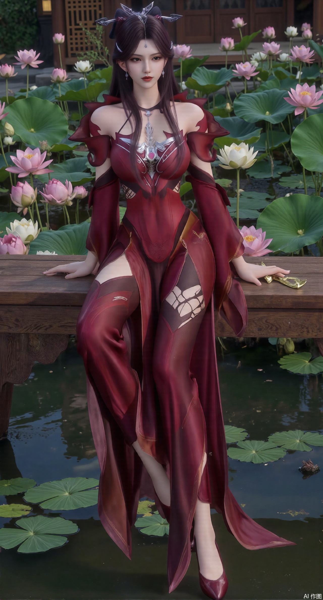 (masterpiece:1.2),best quality,The image is a digital illustration of a young woman sitting on a wooden bench in a pond with lily pads. She is wearing a long dress with design on the chest and sleeves. The dress has a high neckline and short sleeves,Holding a lotus in hand. She has long dark hair styled in loose waves and is wearing gold high heels. The woman is posing with one hand on her hip and the other resting on the edge of the bench. The background is filled with pink and white lotus flowers and green leaves. The overall mood of the image is peaceful and serene,(huge breasts:2.99),(full breasts:2.99),(Background with traditional Chinese architecture, lotus pond and pink lotus flowers:1.39),,Xanmiaoyi,Xyunwangshu,XlishaoyinY,Xbaixue,XanmiaoyiY,Xxiuqiuhua,XbaiyuerongY,XyunyunX,XqingnvzongZM,Xjuzi,Xshangguanweier,XanmiaoyiXY,XyunyunXY,Xjiangziyue,Xmeining,Xweinina,Xlenhuan,Xbabata,Xhewanyuzhiyao,XzixiaY,Xyilinna,Xyinxuehou,Xpoyuhou,XshengcaierY,Xmengyuyi,Xxiaomei,Xgufenghuaqiang