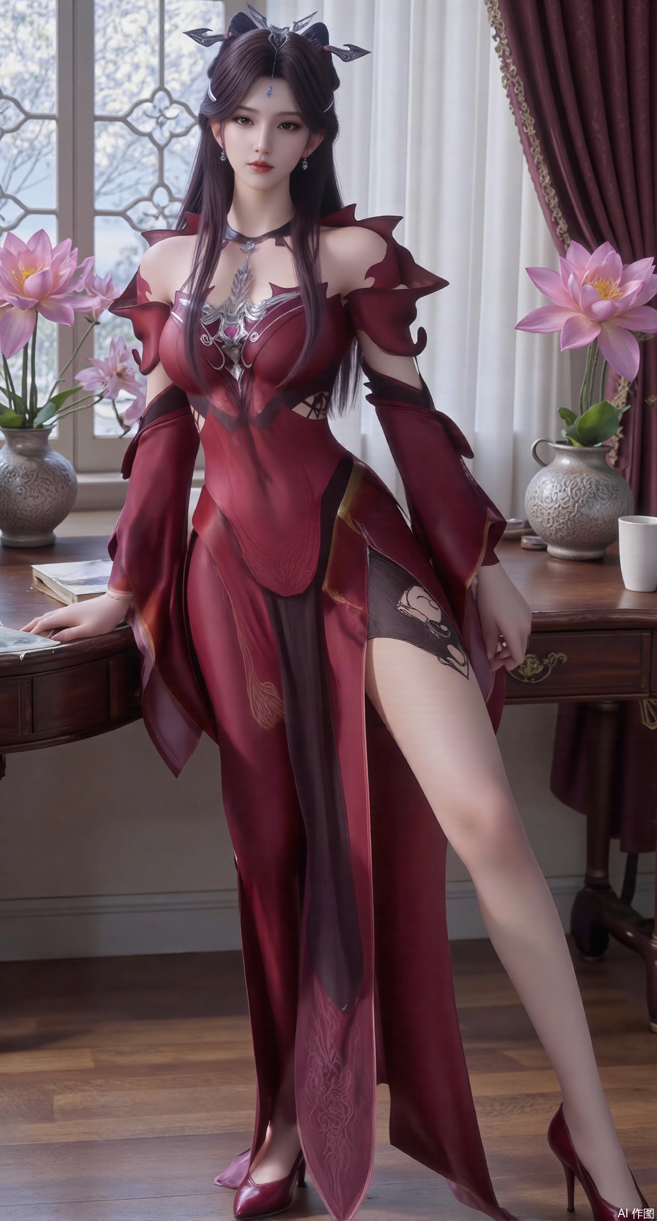 (masterpiece:1.2),best quality,Ultra clear, wallpaper, 8k, masterpiece, 1girl, solo, long hair, breasts, looking at viewer, bangs, large breasts,long dress,, bare shoulders, jewelry, black hair, standing, purple eyes, full body, flower, thighs, indoors, hair bun, long dress, high heels, cup, see-through, book, bare legs, window, table, white footwear, standing on one leg, curtains, pink flower, side slit, vase, ,(huge breasts:2.99),(full breasts:2.99),(pink lotus flowers:1.39),XshengcaierY,Xmengyuyi,Xxiaomei,Xgufenghuaqiang