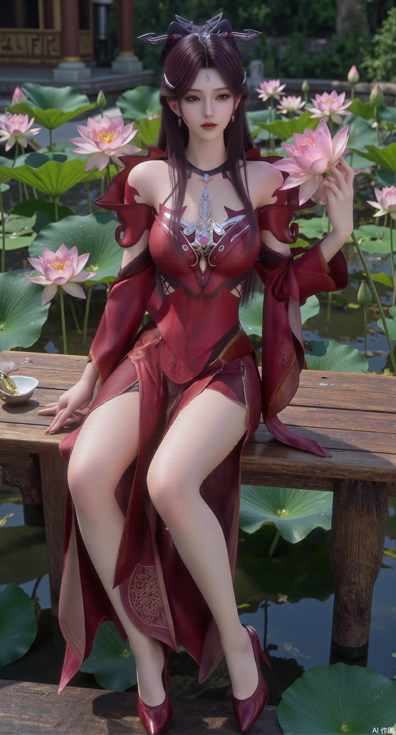 (masterpiece:1.2),best quality,The image is a digital illustration of a young woman sitting on a wooden bench in a pond with lily pads. She is wearing a long dress with design on the chest and sleeves. The dress has a high neckline and short sleeves,Holding a lotus in hand. She has long dark hair styled in loose waves and is wearing gold high heels. The woman is posing with one hand on her hip and the other resting on the edge of the bench. The background is filled with pink and white lotus flowers and green leaves. The overall mood of the image is peaceful and serene,(huge breasts:2.99),(full breasts:2.99),(Background with traditional Chinese architecture, lotus pond and pink lotus flowers:1.39),,Xanmiaoyi,Xyunwangshu,XlishaoyinY,Xbaixue,XanmiaoyiY,Xxiuqiuhua,XbaiyuerongY,XyunyunX,XqingnvzongZM,Xjuzi,Xshangguanweier,XanmiaoyiXY,XyunyunXY,Xjiangziyue,Xmeining,Xweinina,Xlenhuan,Xbabata,Xhewanyuzhiyao,XzixiaY,Xyilinna,Xyinxuehou,Xpoyuhou,XshengcaierY,Xmengyuyi,Xxiaomei,Xgufenghuaqiang