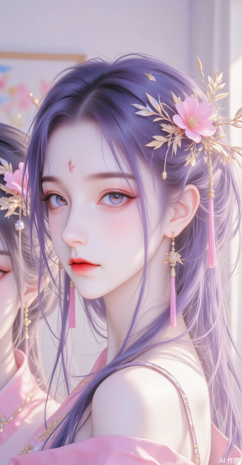 2_girls, solo, long hair, looking at viewer,purple hair, flower hairpin, blue eyes, beaded jewelry,pink clothes, closed mouth, hoop earrings, indoors, frone side, long fluttering eyelashes, small birthmark, reveal/show one's nape, show slender waist