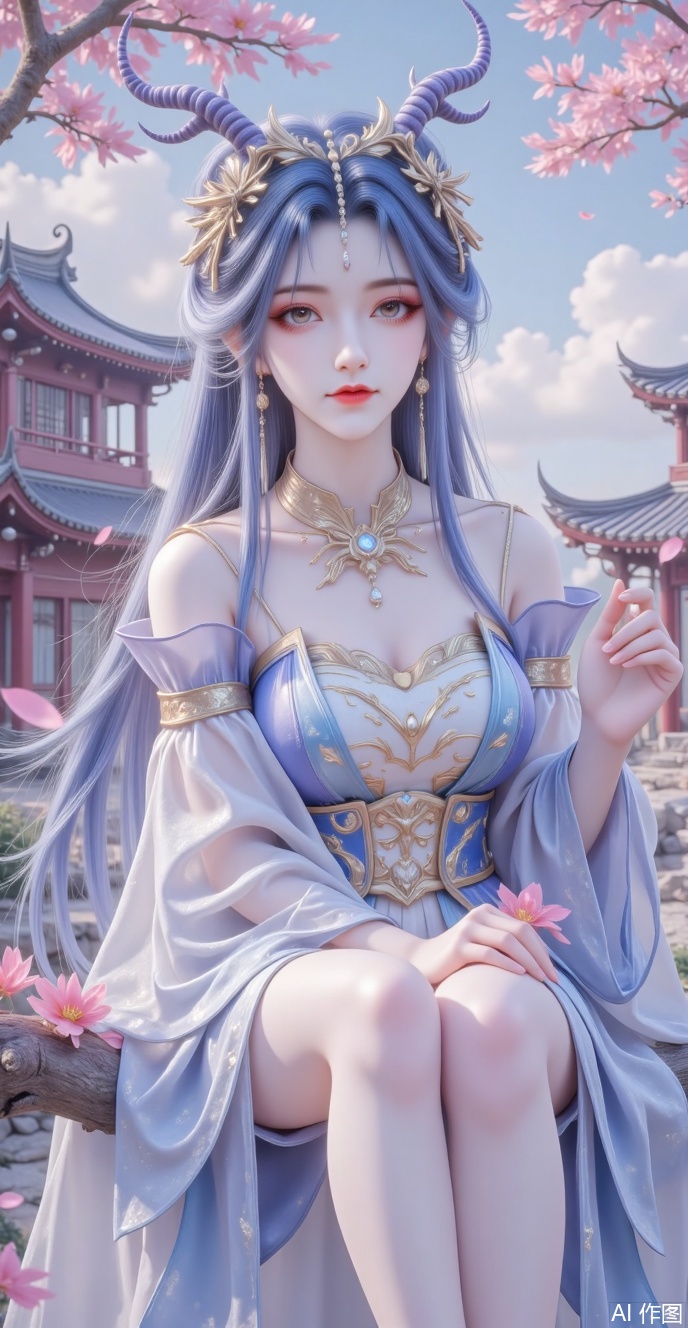 Characteristics:
 
 
·Appearance: long and smooth hair, blue hair, delicate makeup, deep eyes, high nose, rosy lips, cute smile. Long horns on the head
 
 
·Clothing: Traditional Chinese costume, featuring a thin, translucent blue and white dress with off-shoulder design.
 
Scene elements:
 
 
·Environment: Ancient courtyards, falling red trees, floating red petals, blue sky and white clouds. The girl sits on a branch.
 
 
·Props: Holding red flowers in hand.
 
Overall atmosphere:
 
 
·The overall atmosphere is beautiful and romantic, with ancient style and artistic conception, giving people a sense of tranquility and elegance.
