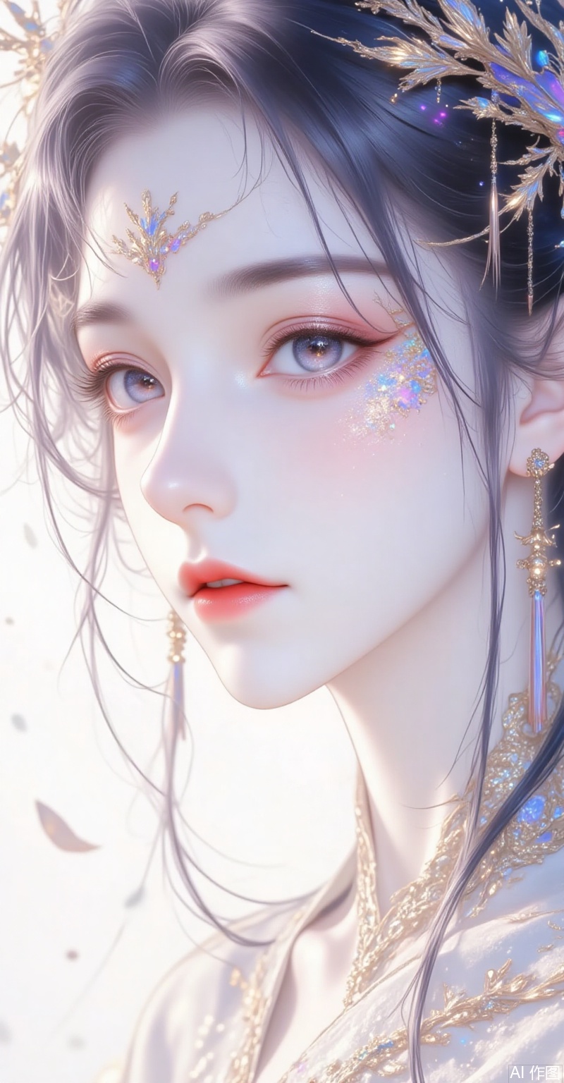 A stunning 8K fractal artwork! On a crisp white background,a majestic young woman's face is delicately rendered in intricate lines and swirling patterns. Her features are exquisitely detailed,with shimmering bright colors that seem to dance across her skin. Soft,feathery strands of hair frame her gentle expression,evoking a sense of ethereal romance. The overall effect is breathtakingly beautiful,a true masterpiece of digital artistry.,wanghong,