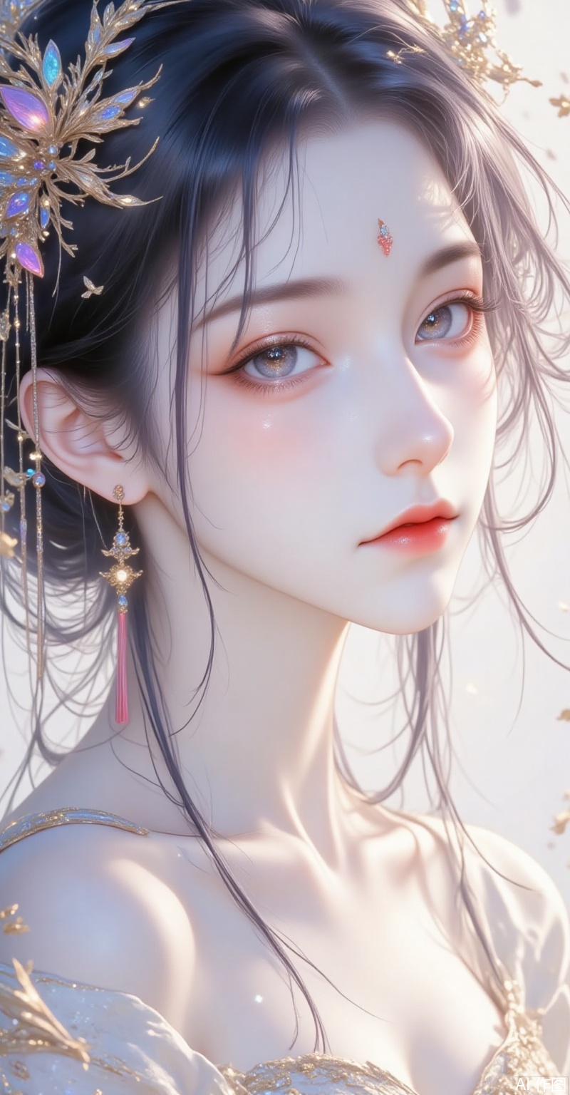 A stunning 8K fractal artwork! On a crisp white background,a majestic young woman's face is delicately rendered in intricate lines and swirling patterns. Her features are exquisitely detailed,with shimmering bright colors that seem to dance across her skin. Soft,feathery strands of hair frame her gentle expression,evoking a sense of ethereal romance. The overall effect is breathtakingly beautiful,a true masterpiece of digital artistry.,wanghong,