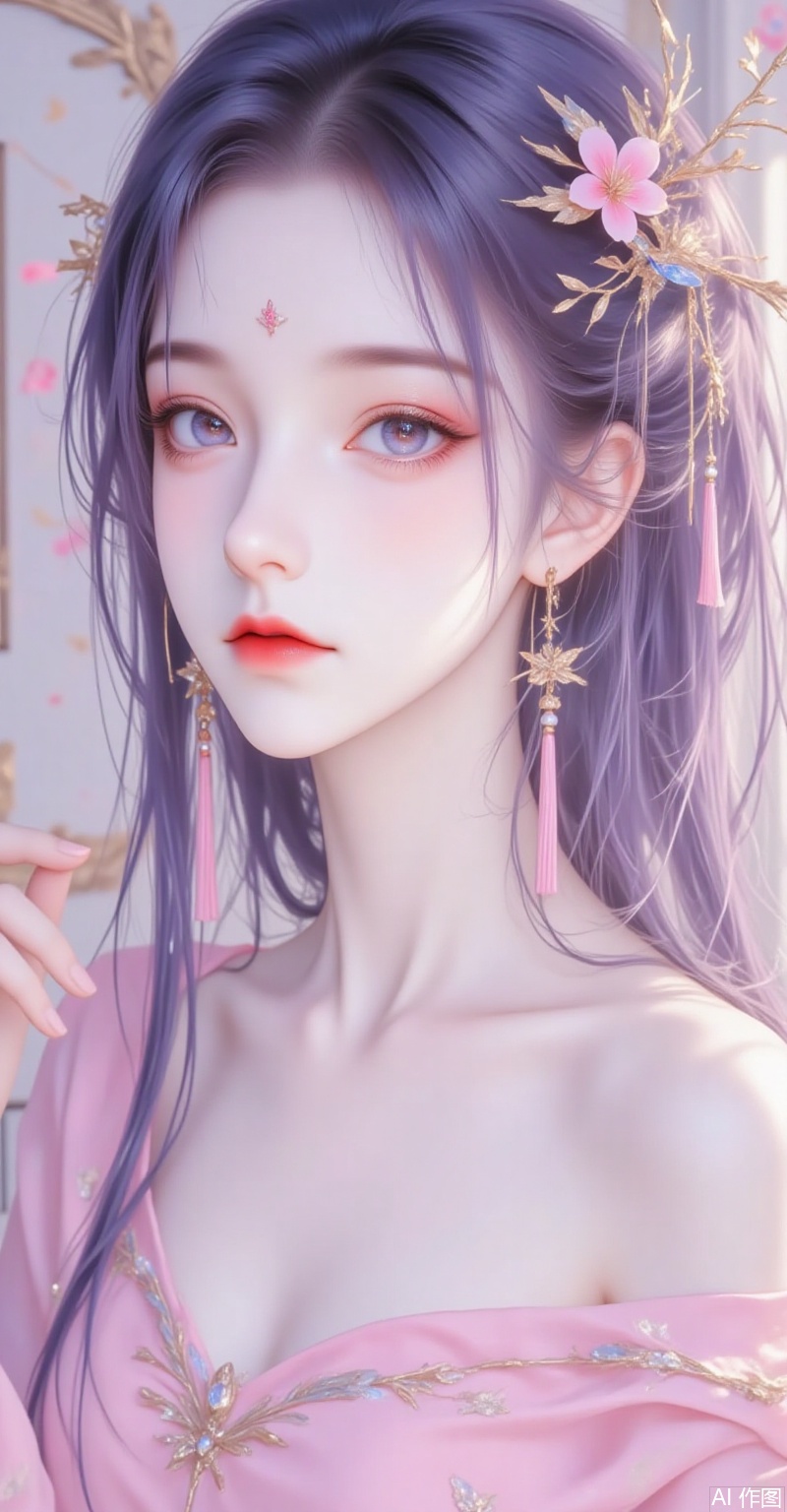 2_girls, solo, long hair, looking at viewer,purple hair, flower hairpin, blue eyes, beaded jewelry,pink clothes, closed mouth, hoop earrings, indoors, frone side, long fluttering eyelashes, small birthmark, reveal/show one's nape, show slender waist