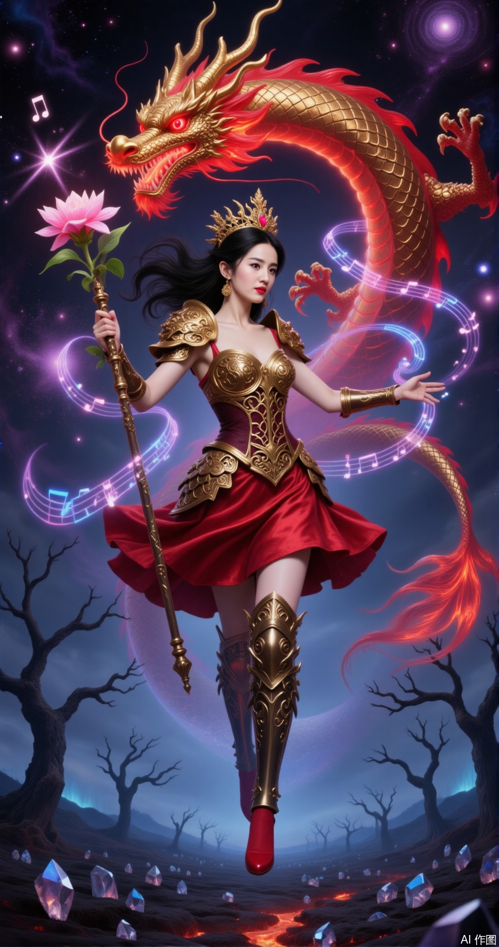 a fantasy scene with a powerful and regal figure standing in the foreground
￼
She is dressed in ornate golden armor and a flowing red skirt, exuding an aura of authority and magic
￼
In her hand, she holds a staff topped with a glowing flower, suggesting she is a sorceress or a powerful mage. Surrounding her is a magnificent dragon, its scales shimmering in shades of red and gold, and its eyes glowing with an intense, fiery light
￼
The dragon appears to be in motion, its body coiling around the sorceress as if it is part of her magic. The background is a dramatic and fantastical landscape, filled with floating musical notes and celestial bodies like planets and stars
￼
The sky is a blend of deep blues and purples, creating a magical and otherworldly atmosphere
￼
The ground is littered with barren trees and scattered crystals, adding to the mystical and surreal setting. The overall scene is a vivid and imaginative depiction of a fantasy world, where magic and mythical creatures coexist with a sense of grandeur and wonder.