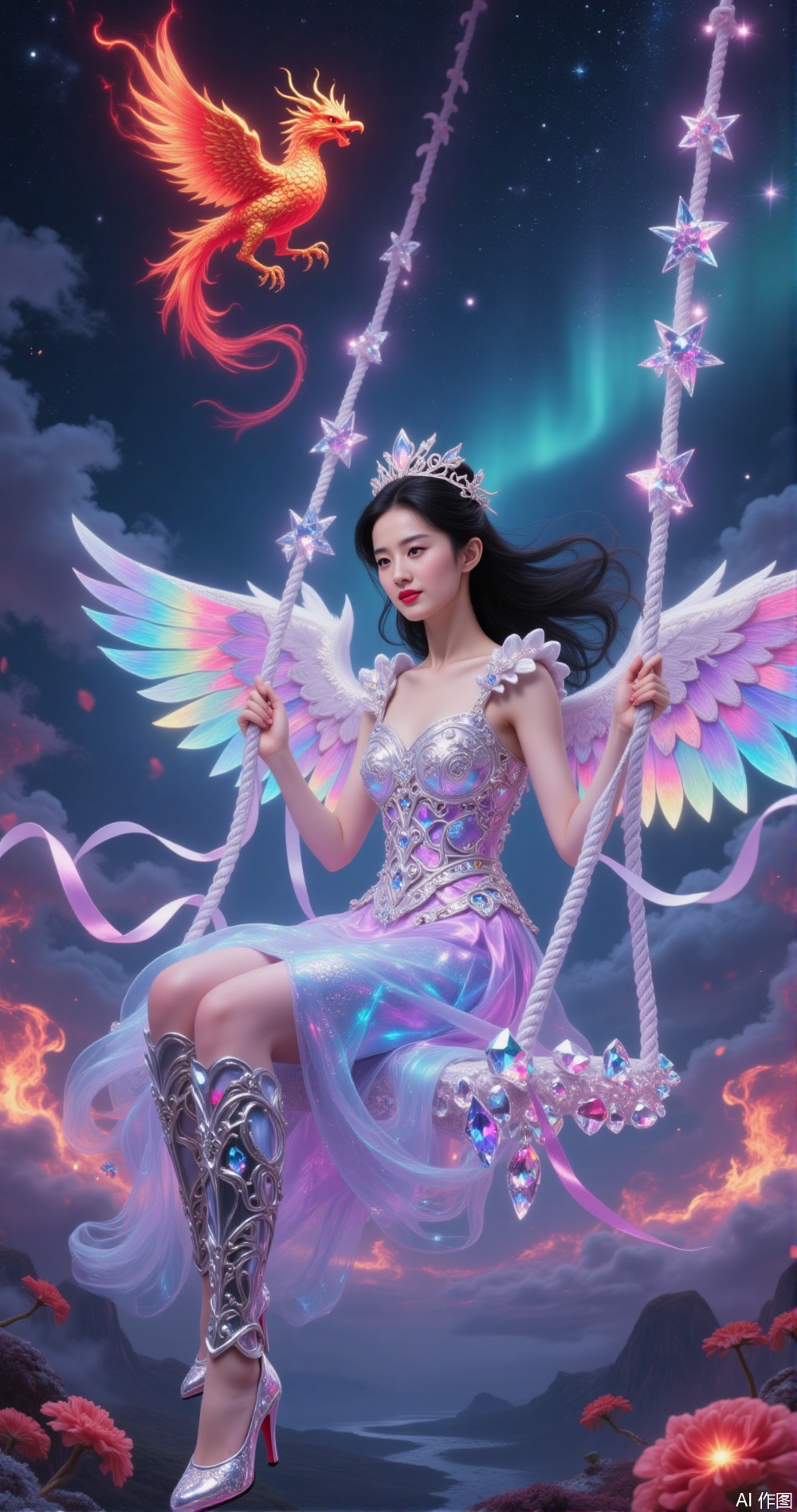 In a sky engulfed by an aurora storm and vibrant clouds, a graceful woman sits on an aurora swing woven from aurora energy, gently swaying. Her black hair flows like an aurora, its strands shimmering with aurora pulse light, as if aurora power dances in the air. She wears an aurora-patterned gown, its design simple yet dreamy, its hem woven with aurora pulse threads, gently floating with her movements, as if aurora power flows through its fabric. Behind her, a pair of crystal wings unfolds, formed from pure aurora energy, each feather shimmering with vibrant light, gently flapping with her movements, emitting dazzling aurora pulses. The swing's ropes are formed from aurora energy, glowing faintly with aurora light, as if aurora ribbons dance in the air. The swing's seat is carved from aurora gems, adorned with countless aurora gems, their cores flashing with aurora pulses, radiating dazzling and awe-inspiring light. Mythical Beast Surrounding Her: • A phoenix of fire soars beside her, its feathers ignited with aurora flames, each feather flashing with aurora pulse light. Its cry echoes through the clouds, as if accompanying her dance with its melody. Its tail feathers trail an aurora ribbon, tracing a dazzling path in the air, as if paving an aurora road for her.  Her face is elegant and cold, her gaze as dazzling as the stars, revealing an indescribable majesty and mystery. Her lips are aurora-purple, her mouth slightly curved, carrying an imperceptible smile, exuding irresistible charm. Her face is surrounded by an aurora halo, adorned with vibrant aurora pulses, as if starlight erupts on her face.