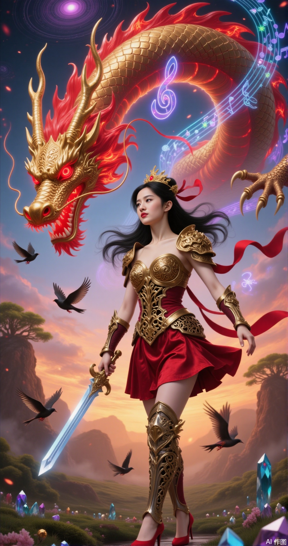 a fantasy scene where a warrior woman, dressed in ornate red and gold armor, stands confidently with a sword in hand
￼
She is surrounded by a majestic dragon, also adorned in golden armor, which is engulfed in flames
￼
The background features a vibrant, swirling sky with musical notes and a mystical atmosphere, suggesting a blend of music and magic
￼
The landscape is filled with colorful crystals and lush greenery, adding to the fantastical setting
￼
Birds are flying around the scene, enhancing the sense of movement and dynamism
￼
The overall composition evokes a sense of epic adventure and mythical heroism.
￼
