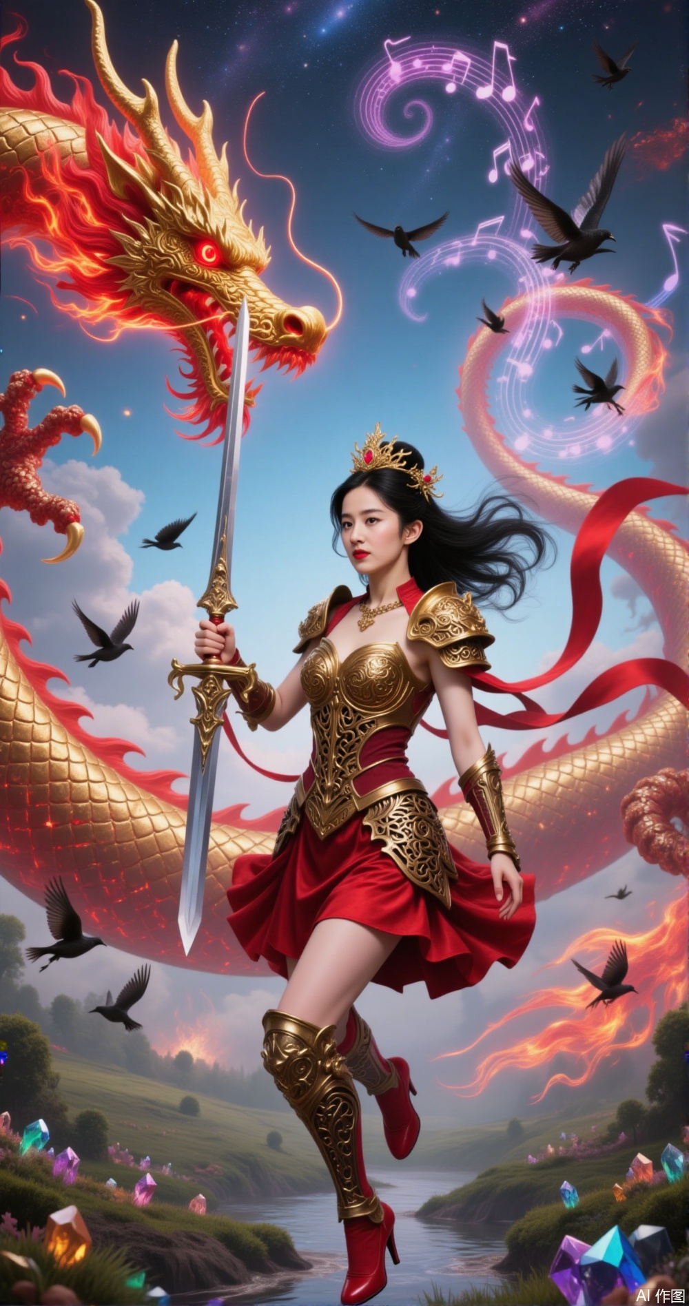 a fantasy scene where a warrior woman, dressed in ornate red and gold armor, stands confidently with a sword in hand
￼
She is surrounded by a majestic dragon, also adorned in golden armor, which is engulfed in flames
￼
The background features a vibrant, swirling sky with musical notes and a mystical atmosphere, suggesting a blend of music and magic
￼
The landscape is filled with colorful crystals and lush greenery, adding to the fantastical setting
￼
Birds are flying around the scene, enhancing the sense of movement and dynamism
￼
The overall composition evokes a sense of epic adventure and mythical heroism.
￼
