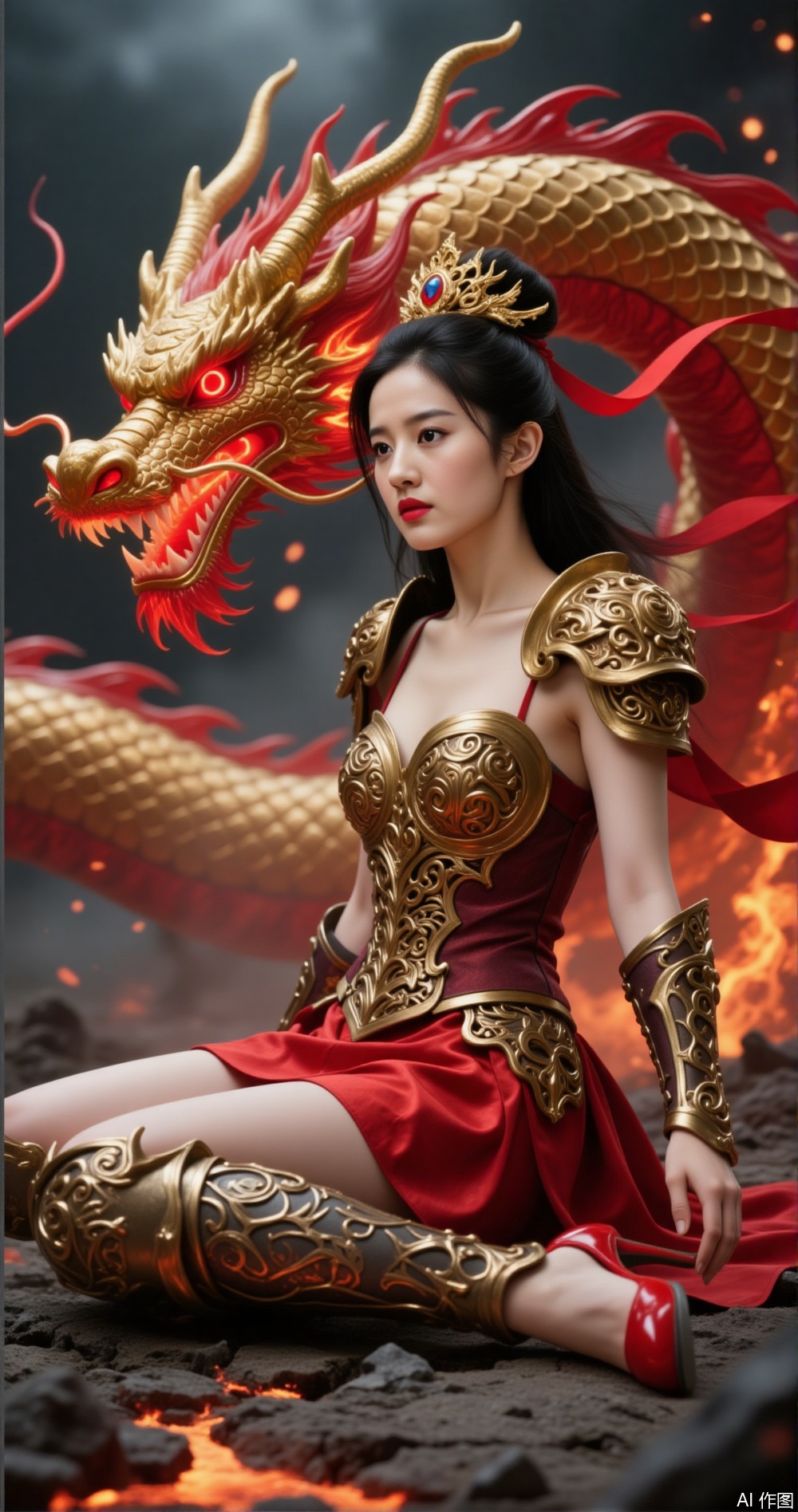a fantasy scene where a woman dressed in ornate, golden armor is seated on the ground
￼
She is wearing a red dress with gold accents and red high-heeled shoes
￼
Behind her, there is a large, fiery dragon with golden scales and red accents
￼
The dragon's eyes are glowing, and it appears to be in a state of action, with flames surrounding it
￼
The background is filled with smoke and fire, giving the scene a dramatic and intense atmosphere
￼
The woman seems to be in control of the dragon, suggesting a sense of power and authority.