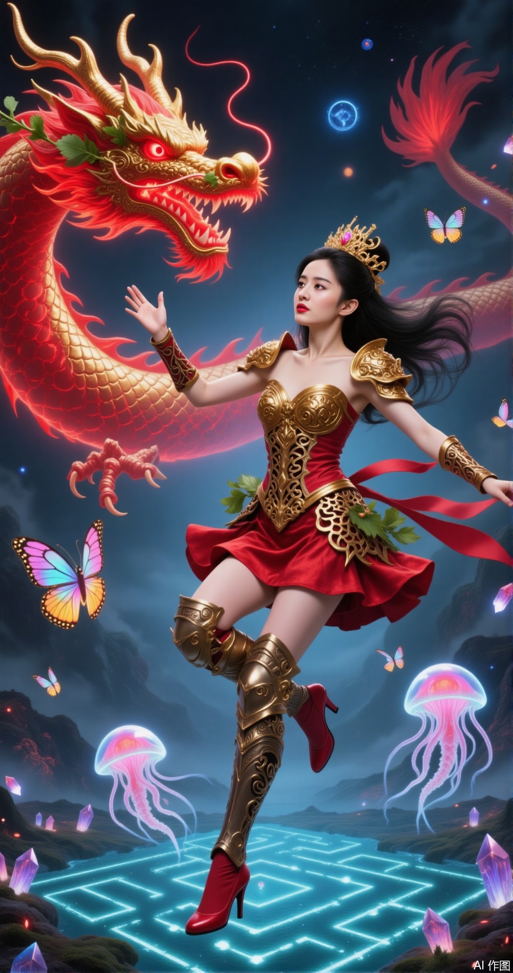 a fantastical and vibrant scene
￼
A woman dressed in a red and gold outfit, adorned with intricate armor and a crown, stands in a dynamic pose, appearing to be in the midst of a dance or a battle
￼
She is surrounded by a majestic red dragon, which is intricately designed with golden accents and green foliage
￼
The dragon's eyes are glowing, and it seems to be interacting with the woman, who is extending her hand towards it. In the background, there is a surreal landscape filled with glowing crystals, a maze, and floating jellyfish emitting a soft blue light
￼
The sky is filled with a mix of dark clouds and bright celestial bodies, suggesting a magical or otherworldly setting
￼
Butterflies with vibrant colors are also visible, adding to the whimsical and fantastical atmosphere of the scene.