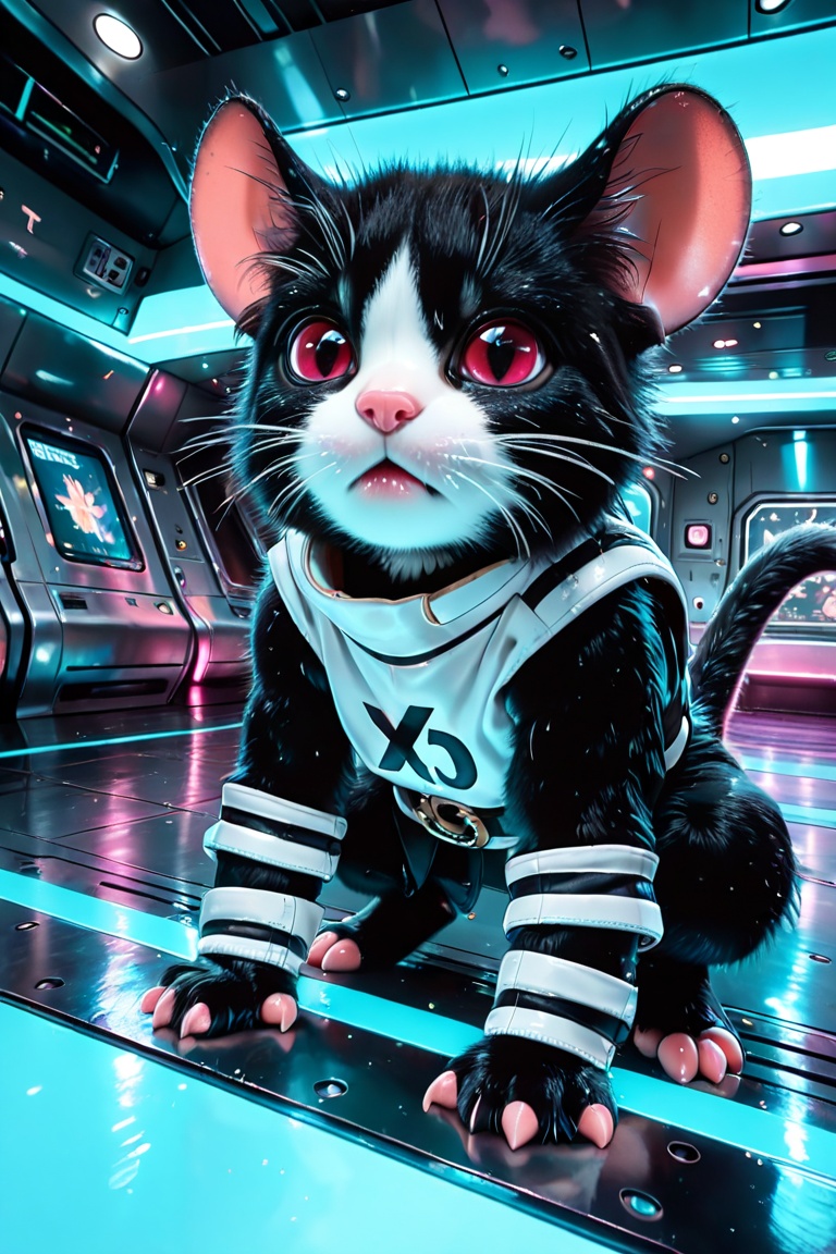 Create a retro realistic-style illustration featuring a young humanoid cat ,  black fur,  white stripe on Tensor.Art