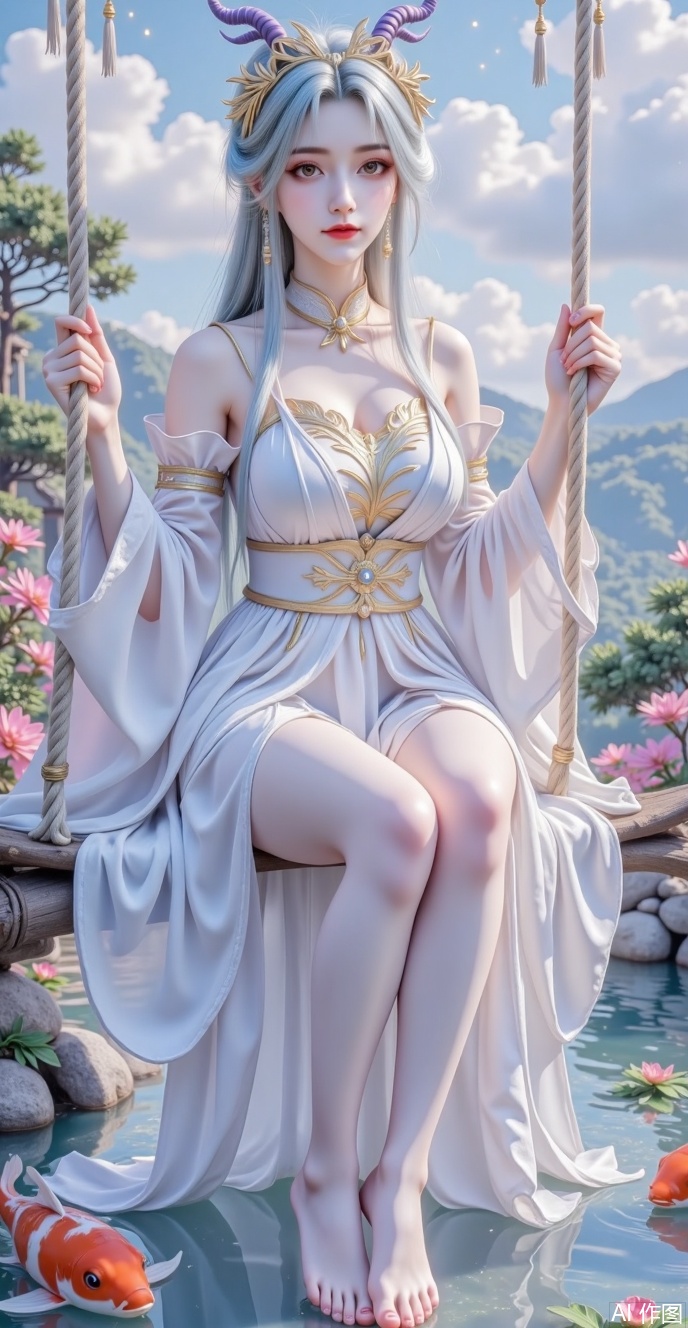 8K picture quality, white ancient costume, glowing, leisurely sitting on the swing outdoor, the skirt is light and flowing, decorated with golden patterns, long hair is like a waterfall, exquisite hair accessories are decorated between hair, holding ropes in both hands, and leisurely posture. The surrounding environment is green trees and flowers, and the background is blue sky and green mountains. The stars shine. The water below is clear, you can see the bottom of the water, and there are two koi parades, and the overall situation shows beauty, agility and comfort.