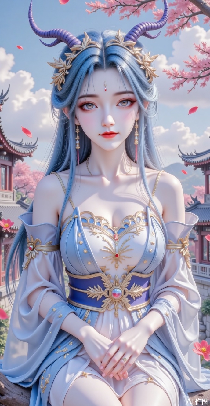 Characteristics:
 
 
·Appearance: long and smooth hair, blue hair, delicate makeup, deep eyes, high nose, rosy lips, cute smile. Long horns on the head
 
 
·Clothing: Traditional Chinese costume, featuring a thin, translucent blue and white dress with off-shoulder design.
 
Scene elements:
 
 
·Environment: Ancient courtyards, falling red trees, floating red petals, blue sky and white clouds. The girl sits on a branch.
 
 
·Props: Holding red flowers in hand.
 
Overall atmosphere:
 
 
·The overall atmosphere is beautiful and romantic, with ancient style and artistic conception, giving people a sense of tranquility and elegance.