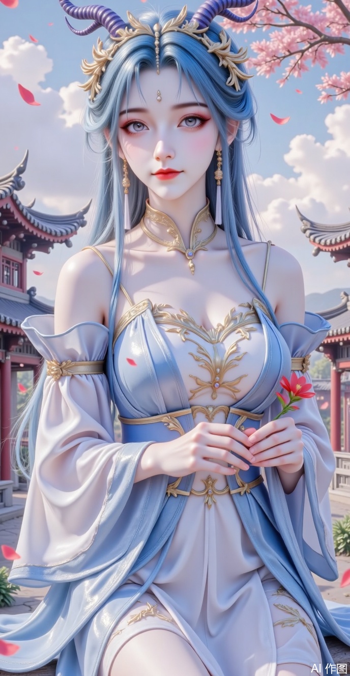 Characteristics:
 
 
·Appearance: long and smooth hair, blue hair, delicate makeup, deep eyes, high nose, rosy lips, cute smile. Long horns on the head
 
 
·Clothing: Traditional Chinese costume, featuring a thin, translucent blue and white dress with off-shoulder design.
 
Scene elements:
 
 
·Environment: Ancient courtyards, falling red trees, floating red petals, blue sky and white clouds. The girl sits on a branch.
 
 
·Props: Holding red flowers in hand.
 
Overall atmosphere:
 
 
·The overall atmosphere is beautiful and romantic, with ancient style and artistic conception, giving people a sense of tranquility and elegance.