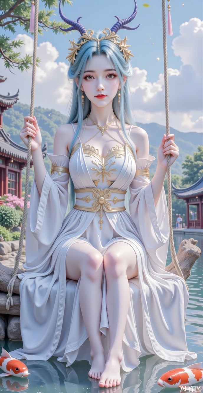 8K picture quality, white ancient costume, glowing, leisurely sitting on the swing outdoor, the skirt is light and flowing, decorated with golden patterns, long hair is like a waterfall, exquisite hair accessories are decorated between hair, holding ropes in both hands, and leisurely posture. The surrounding environment is green trees and flowers, and the background is blue sky and green mountains. The stars shine. The water below is clear, you can see the bottom of the water, and there are two koi parades, and the overall situation shows beauty, agility and comfort.