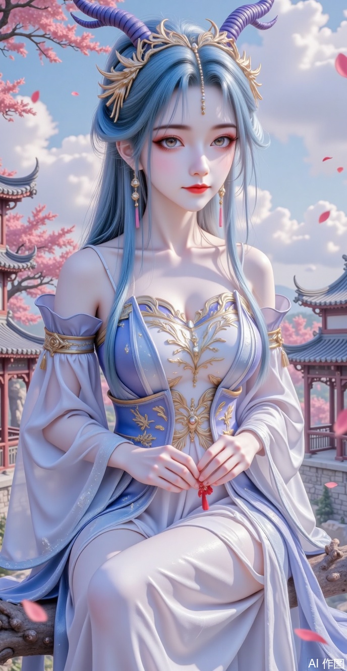 Characteristics:
 
 
·Appearance: long and smooth hair, blue hair, delicate makeup, deep eyes, high nose, rosy lips, cute smile. Long horns on the head
 
 
·Clothing: Traditional Chinese costume, featuring a thin, translucent blue and white dress with off-shoulder design.
 
Scene elements:
 
 
·Environment: Ancient courtyards, falling red trees, floating red petals, blue sky and white clouds. The girl sits on a branch.
 
 
·Props: Holding red flowers in hand.
 
Overall atmosphere:
 
 
·The overall atmosphere is beautiful and romantic, with ancient style and artistic conception, giving people a sense of tranquility and elegance.