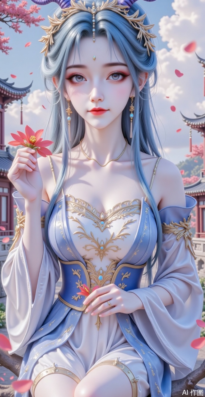 Characteristics:
 
 
·Appearance: long and smooth hair, blue hair, delicate makeup, deep eyes, high nose, rosy lips, cute smile. Long horns on the head
 
 
·Clothing: Traditional Chinese costume, featuring a thin, translucent blue and white dress with off-shoulder design.
 
Scene elements:
 
 
·Environment: Ancient courtyards, falling red trees, floating red petals, blue sky and white clouds. The girl sits on a branch.
 
 
·Props: Holding red flowers in hand.
 
Overall atmosphere:
 
 
·The overall atmosphere is beautiful and romantic, with ancient style and artistic conception, giving people a sense of tranquility and elegance.