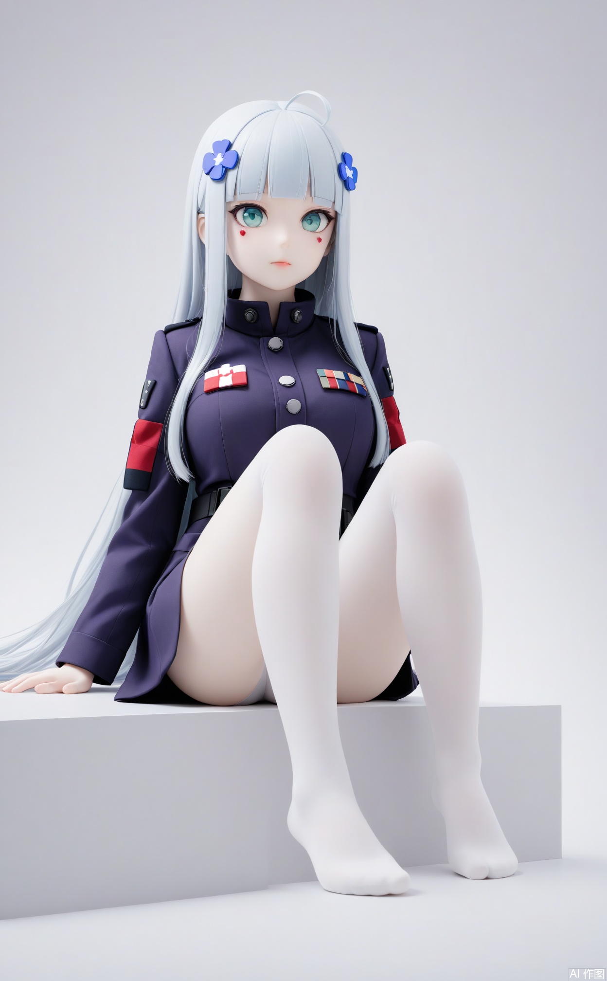 1girl, hk416 \\(girls' frontline\), girls' frontline,45 years best quality,high quality,loli,chromatic aberration,loli,1girl,ahoge,silver hair,pale_skin,gradient eyes,aqua eyes,fair_skin,very long hair,foot focus,no shoes,feet,solo,soles,foreshortening,pantyhose,sitting,white pantyhose,toes,knees,white_background,simple_background,