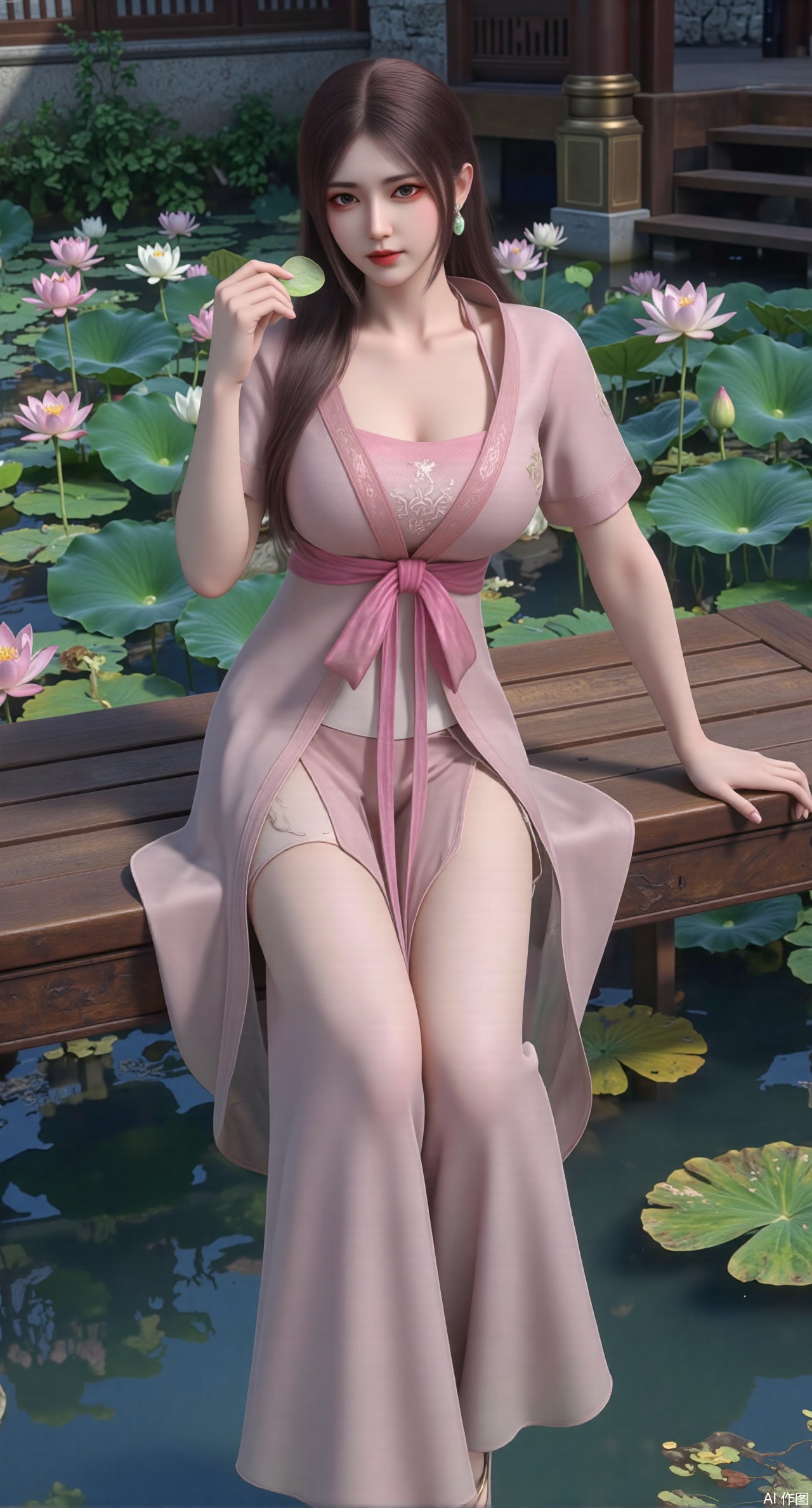(masterpiece:1.2),best quality,The image is a digital illustration of a young woman sitting on a wooden bench in a pond with lily pads. She is wearing a long dress with design on the chest and sleeves. The dress has a high neckline and short sleeves,Holding a lotus in hand. She has long dark hair styled in loose waves and is wearing gold high heels. The woman is posing with one hand on her hip and the other resting on the edge of the bench. The background is filled with pink and white lotus flowers and green leaves. The overall mood of the image is peaceful and serene,(huge breasts:2.99),(full breasts:2.99),(Background with traditional Chinese architecture, lotus pond and pink lotus flowers:1.39),XshengcaierY,Xmengyuyi,Xxiaomei,Xgufenghuaqiang