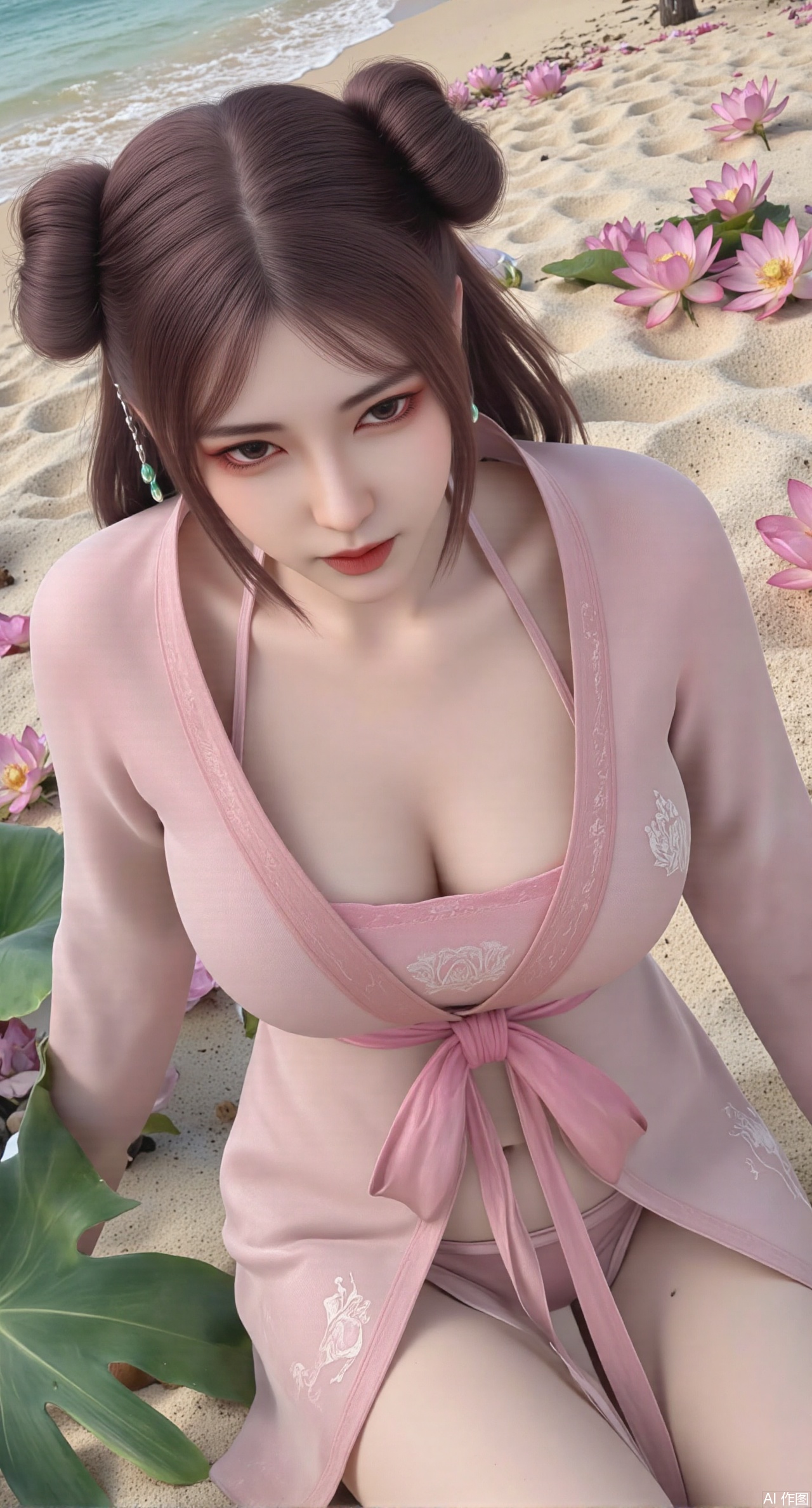 (masterpiece:1.2),best quality,absurdres,masterpiece,original,extremely detailed wallpaper,perfect lighting,Golden sandy beach covered with vibrant flowers, turquoise waves gently lapping the shore, , bright flower clusters spreading from sand to palm tree roots, soft natural light filtering through coconut leaves, ocean breeze lifting hair and qipao hem, high-resolution details showcasing petal textures and silk fabric sheen, ultra-wide angle lens capturing coastline panorama, cinematic color grading with soft focus on the central figure,(huge breasts:2.99),(full breasts:2.99),(pink lotus flowers:1.39),XshengcaierY,Xmengyuyi,Xxiaomei,Xgufenghuaqiang