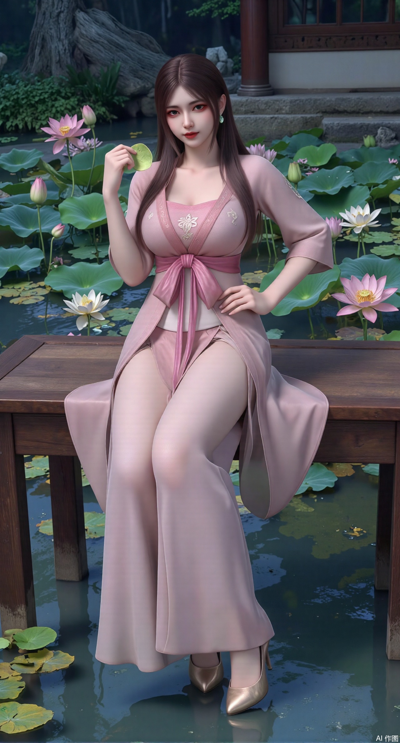 (masterpiece:1.2),best quality,The image is a digital illustration of a young woman sitting on a wooden bench in a pond with lily pads. She is wearing a long dress with design on the chest and sleeves. The dress has a high neckline and short sleeves,Holding a lotus in hand. She has long dark hair styled in loose waves and is wearing gold high heels. The woman is posing with one hand on her hip and the other resting on the edge of the bench. The background is filled with pink and white lotus flowers and green leaves. The overall mood of the image is peaceful and serene,(huge breasts:2.99),(full breasts:2.99),(Background with traditional Chinese architecture, lotus pond and pink lotus flowers:1.39),XshengcaierY,Xmengyuyi,Xxiaomei,Xgufenghuaqiang
