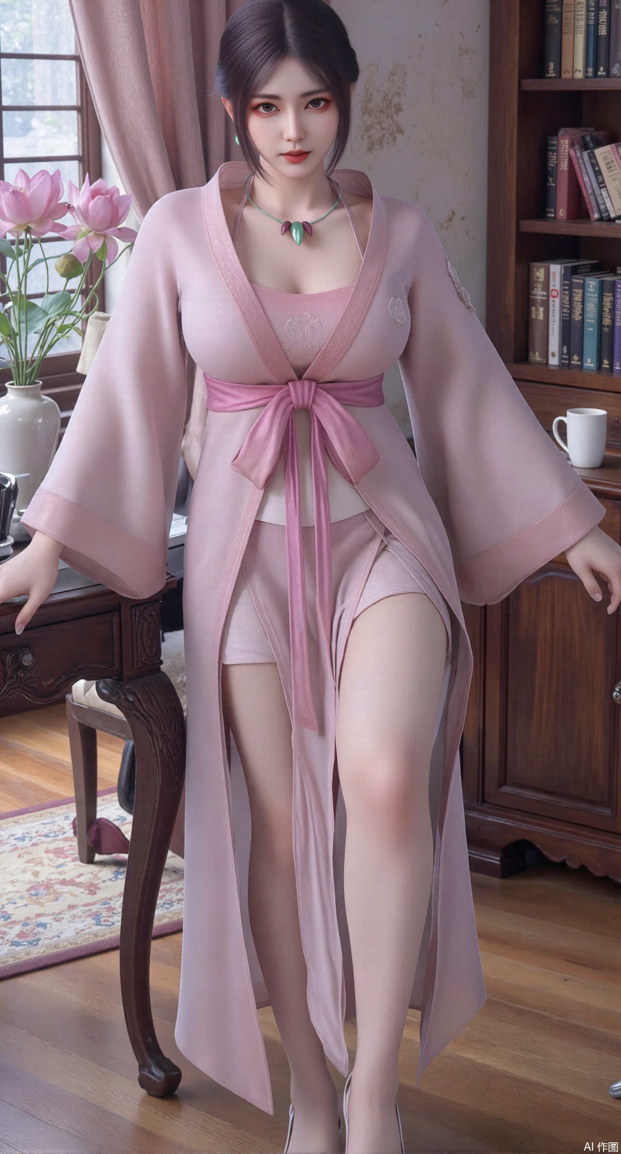 (masterpiece:1.2),best quality,Ultra clear, wallpaper, 8k, masterpiece, 1girl, solo, long hair, breasts, looking at viewer, bangs, large breasts,long dress,, bare shoulders, jewelry, black hair, standing, purple eyes, full body, flower, thighs, indoors, hair bun, long dress, high heels, cup, see-through, book, bare legs, window, table, white footwear, standing on one leg, curtains, pink flower, side slit, vase, ,(huge breasts:2.99),(full breasts:2.99),(pink lotus flowers:1.39),XshengcaierY,Xmengyuyi,Xxiaomei,Xgufenghuaqiang