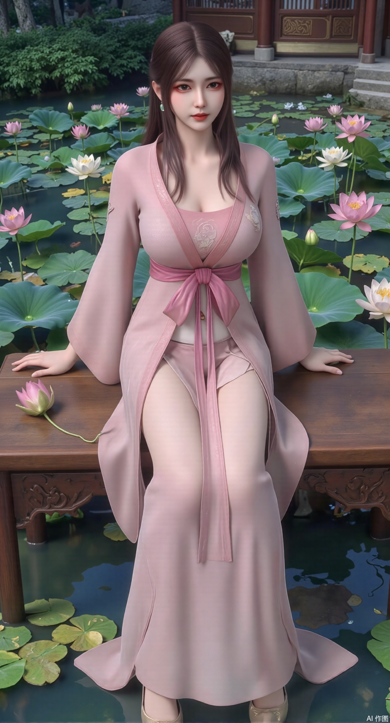 (masterpiece:1.2),best quality,The image is a digital illustration of a young woman sitting on a wooden bench in a pond with lily pads. She is wearing a long dress with design on the chest and sleeves. The dress has a high neckline and short sleeves,Holding a lotus in hand. She has long dark hair styled in loose waves and is wearing gold high heels. The woman is posing with one hand on her hip and the other resting on the edge of the bench. The background is filled with pink and white lotus flowers and green leaves. The overall mood of the image is peaceful and serene,(huge breasts:2.99),(full breasts:2.99),(Background with traditional Chinese architecture, lotus pond and pink lotus flowers:1.39),XshengcaierY,Xmengyuyi,Xxiaomei,Xgufenghuaqiang