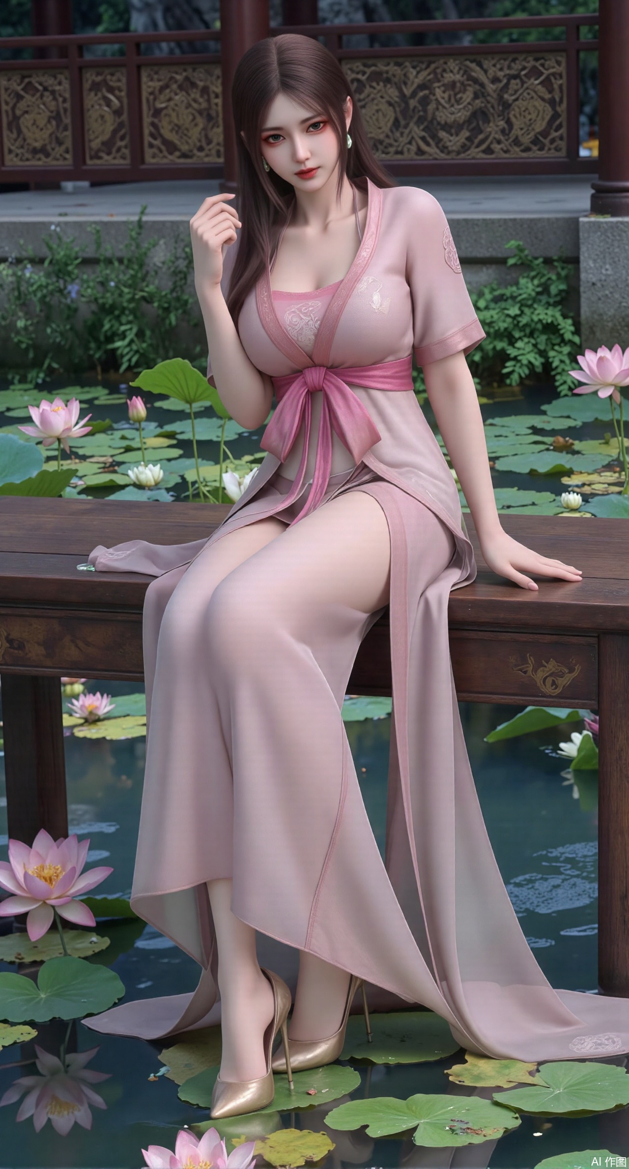 (masterpiece:1.2),best quality,The image is a digital illustration of a young woman sitting on a wooden bench in a pond with lily pads. She is wearing a long dress with design on the chest and sleeves. The dress has a high neckline and short sleeves,Holding a lotus in hand. She has long dark hair styled in loose waves and is wearing gold high heels. The woman is posing with one hand on her hip and the other resting on the edge of the bench. The background is filled with pink and white lotus flowers and green leaves. The overall mood of the image is peaceful and serene,(huge breasts:2.99),(full breasts:2.99),(Background with traditional Chinese architecture, lotus pond and pink lotus flowers:1.39),XshengcaierY,Xmengyuyi,Xxiaomei,Xgufenghuaqiang