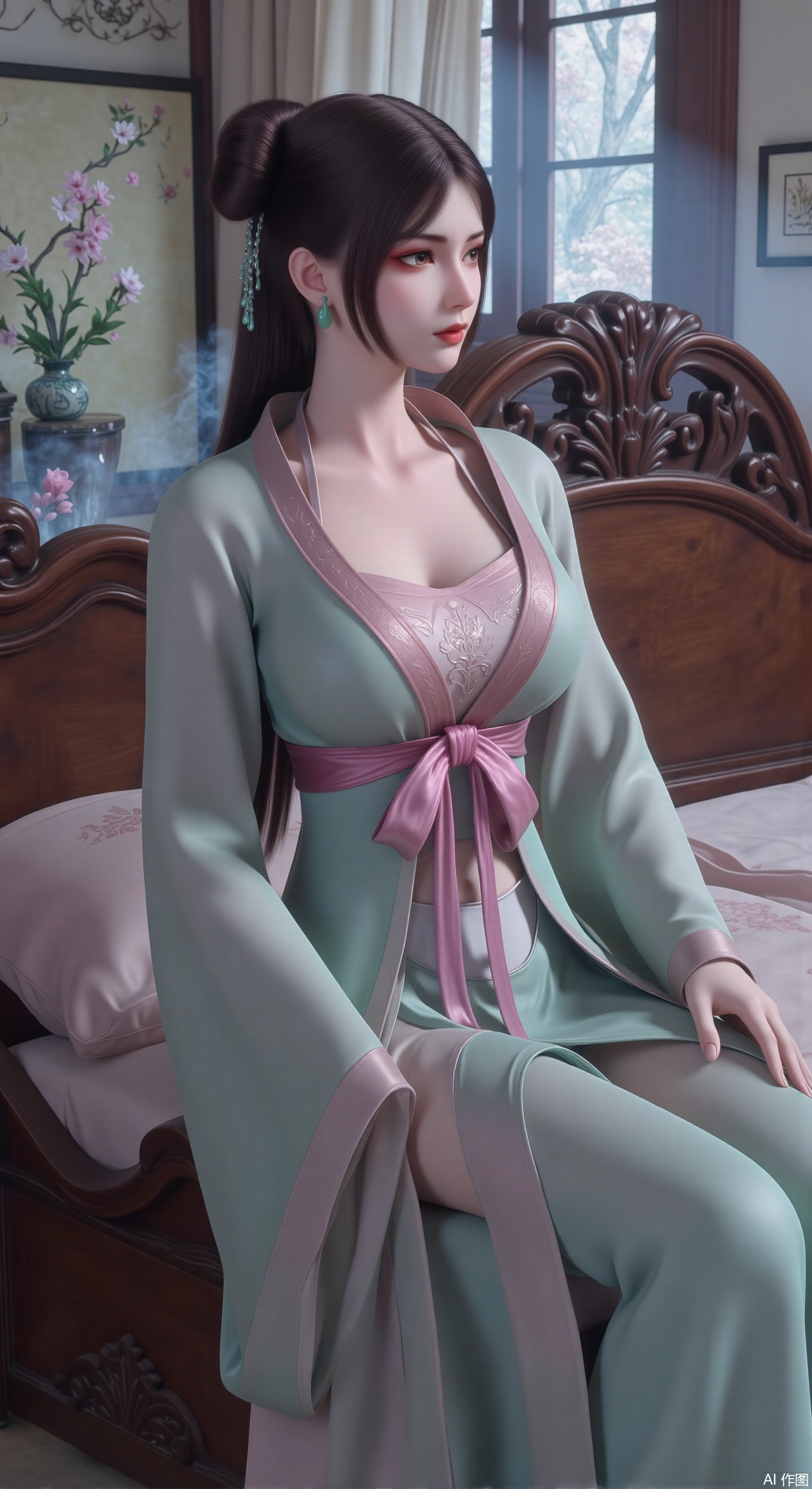 (masterpiece, best quality:1.2),Ancient Chinese boudoir scene, Hanfu dress ,sitting sideways on an intricately carved wooden bed, soft natural light filtering through sheer silk curtains, satin bedding with delicate sheen, detailed traditional Chinese Gongbi painting style, subtle celadon color palette, background featuring vintage dressing table and embroidered screen, falling plum blossom petals near window and wispy smoke from bronze incense burner, 8K resolution with intricate fabric draping and wood grain textures,,(huge breasts:2.99),(full breasts:2.99),,Xzhihua,Xsiyouyou,Xyanruyu,Xmoxiaonan,Xyeqingxian,Xyinxuehou,Xpoyuhou,XbaihehuaiX,Xjiangbilan,Xhuajin,XshengcaierY,Xmengyuyi,Xxiaomei,Xhujiaoer