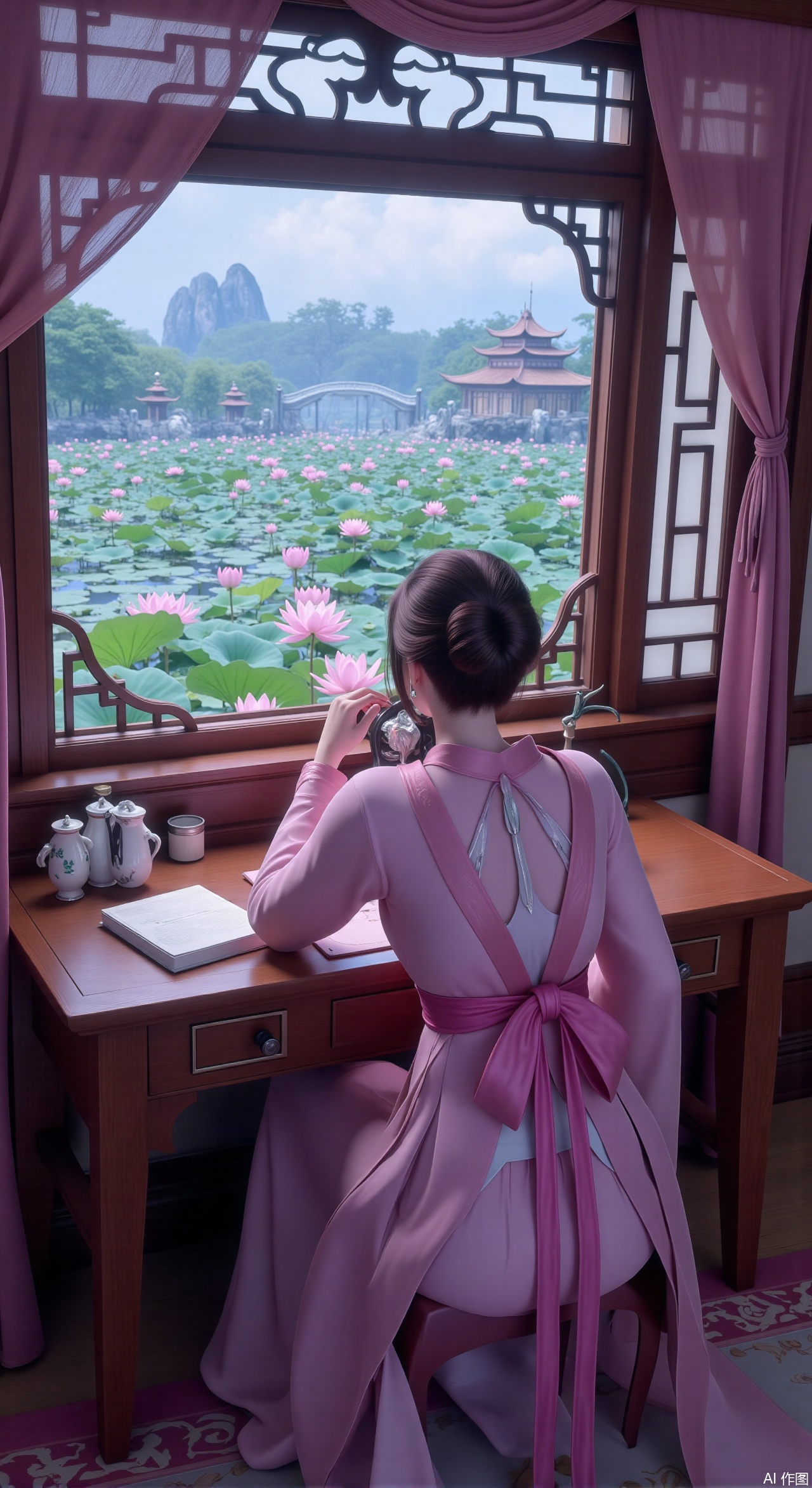(masterpiece, best quality:1.2),1girl, solo, long dress,Ancient princess's boudoir with bright color palette,,(huge breasts:2.59),(full breasts:2.39), Hanfu-clad maiden sitting by latticed window desk in romantic daydreaming posture, classical Chinese garden through window showcasing lotus pond filled with blooming pink and white lotuses, delicate ink-wash painting style, interior featuring rosewood furniture with mother-of-pearl inlay, silk curtains fluttering in breeze, porcelain stationery set on desk, distant view of curved bridges and pavilions in garden, ultra HD rendering with crisp details on embroidered garments and translucent lotus petals,,(huge breasts:2.99),(full breasts:2.99),,Xzhihua,Xsiyouyou,Xyanruyu,Xmoxiaonan,Xyeqingxian,Xyinxuehou,Xpoyuhou,XbaihehuaiX,Xjiangbilan,Xhuajin,XshengcaierY,Xmengyuyi,Xxiaomei,Xhujiaoer