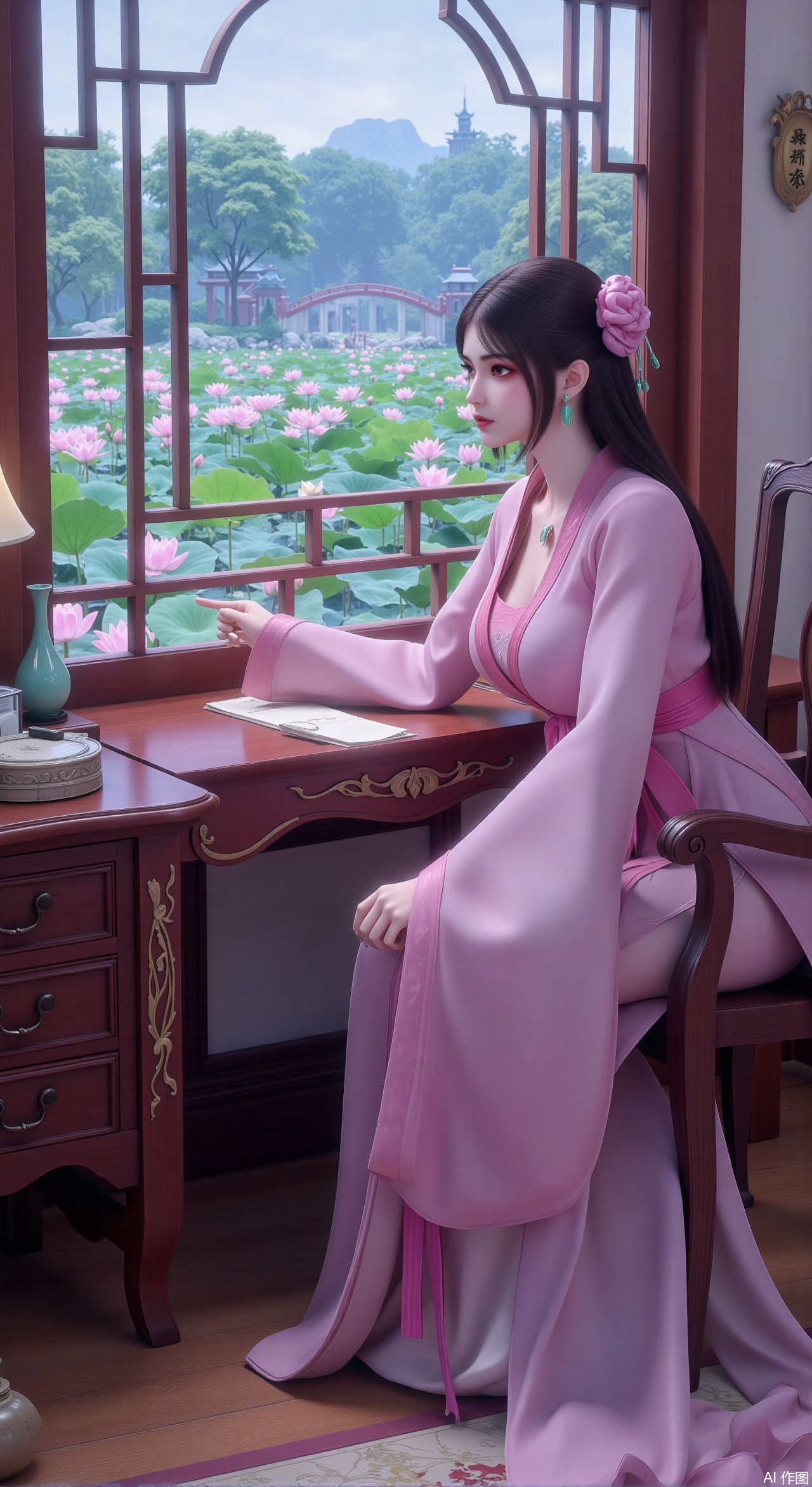 (masterpiece, best quality:1.2),1girl, solo, long dress,Ancient princess's boudoir with bright color palette,,(huge breasts:2.59),(full breasts:2.39), Hanfu-clad maiden sitting by latticed window desk in romantic daydreaming posture, classical Chinese garden through window showcasing lotus pond filled with blooming pink and white lotuses, delicate ink-wash painting style, interior featuring rosewood furniture with mother-of-pearl inlay, silk curtains fluttering in breeze, porcelain stationery set on desk, distant view of curved bridges and pavilions in garden, ultra HD rendering with crisp details on embroidered garments and translucent lotus petals,,(huge breasts:2.99),(full breasts:2.99),,Xzhihua,Xsiyouyou,Xyanruyu,Xmoxiaonan,Xyeqingxian,Xyinxuehou,Xpoyuhou,XbaihehuaiX,Xjiangbilan,Xhuajin,XshengcaierY,Xmengyuyi,Xxiaomei,Xhujiaoer