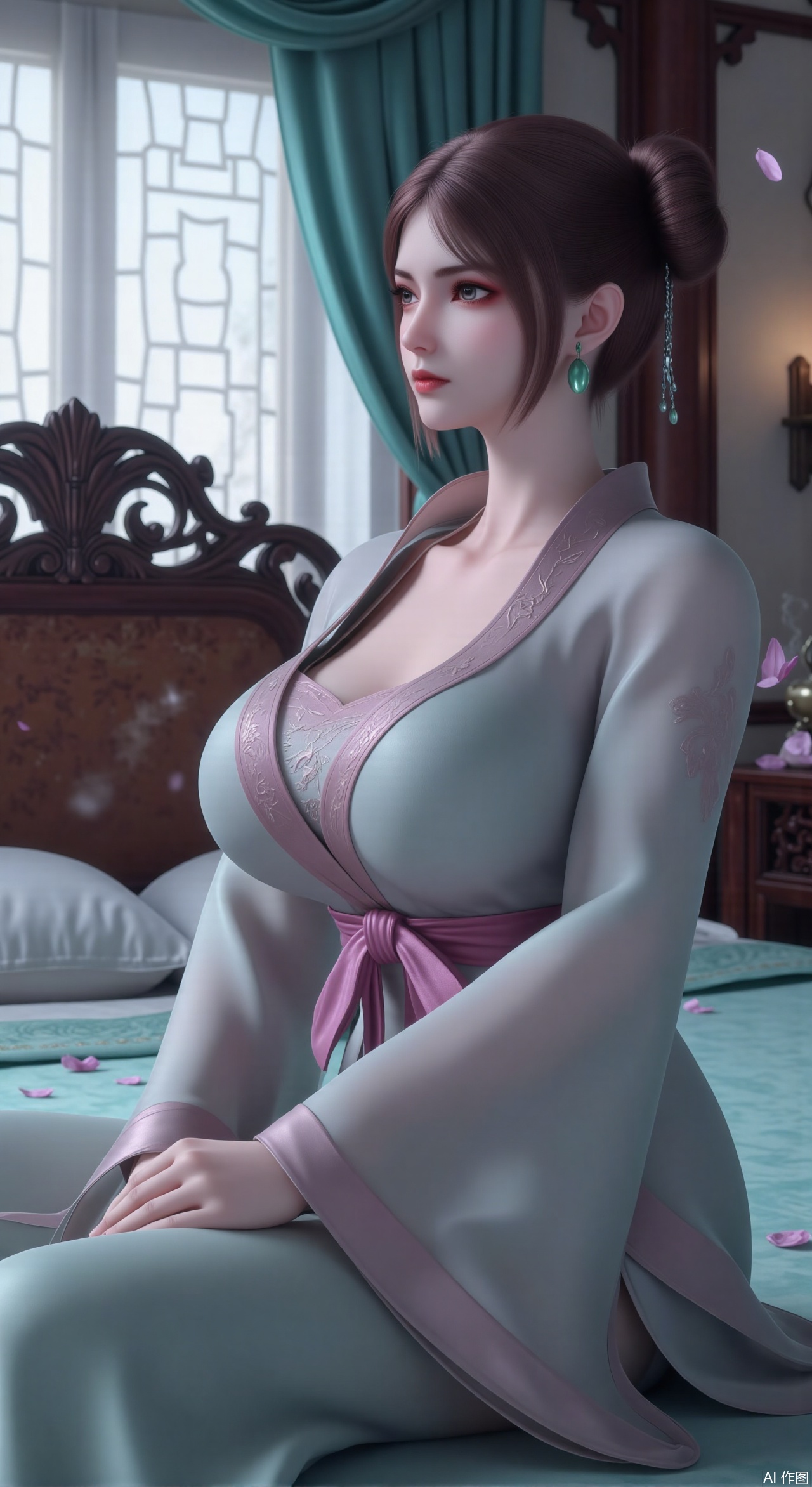 (masterpiece, best quality:1.2),Ancient Chinese boudoir scene, Hanfu dress ,sitting sideways on an intricately carved wooden bed, soft natural light filtering through sheer silk curtains, satin bedding with delicate sheen, detailed traditional Chinese Gongbi painting style, subtle celadon color palette, background featuring vintage dressing table and embroidered screen, falling plum blossom petals near window and wispy smoke from bronze incense burner, 8K resolution with intricate fabric draping and wood grain textures,,(huge breasts:2.99),(full breasts:2.99),,Xzhihua,Xsiyouyou,Xyanruyu,Xmoxiaonan,Xyeqingxian,Xyinxuehou,Xpoyuhou,XbaihehuaiX,Xjiangbilan,Xhuajin,XshengcaierY,Xmengyuyi,Xxiaomei,Xhujiaoer