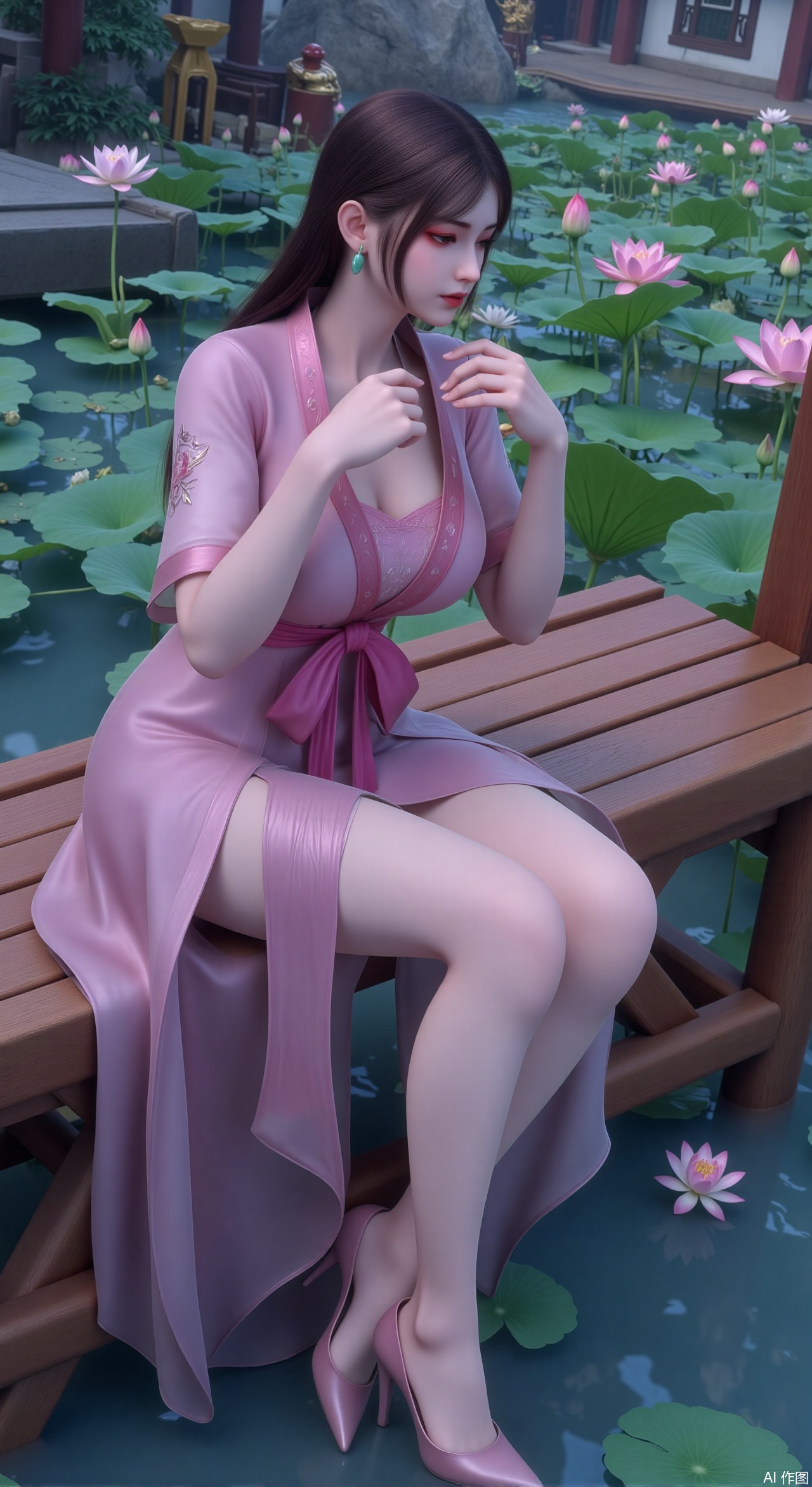  (masterpiece:1.2),best quality,The image is a digital illustration of a young woman sitting on a wooden bench in a pond with lily pads. She is wearing a long dress with design on the chest and sleeves. The dress has a high neckline and short sleeves,Holding a lotus in hand. She has long dark hair styled in loose waves and is wearing gold high heels. The woman is posing with one hand on her hip and the other resting on the edge of the bench. The background is filled with pink and white lotus flowers and green leaves. The overall mood of the image is peaceful and serene,(huge breasts:2.99),(full breasts:2.99),(Background with traditional Chinese architecture, lotus pond and pink lotus flowers:1.39),,Xzhihua,Xsiyouyou,Xyanruyu,Xmoxiaonan,Xyeqingxian,Xyinxuehou,Xpoyuhou,XbaihehuaiX,Xjiangbilan,Xhuajin,XshengcaierY,Xmengyuyi,Xxiaomei,Xhujiaoer