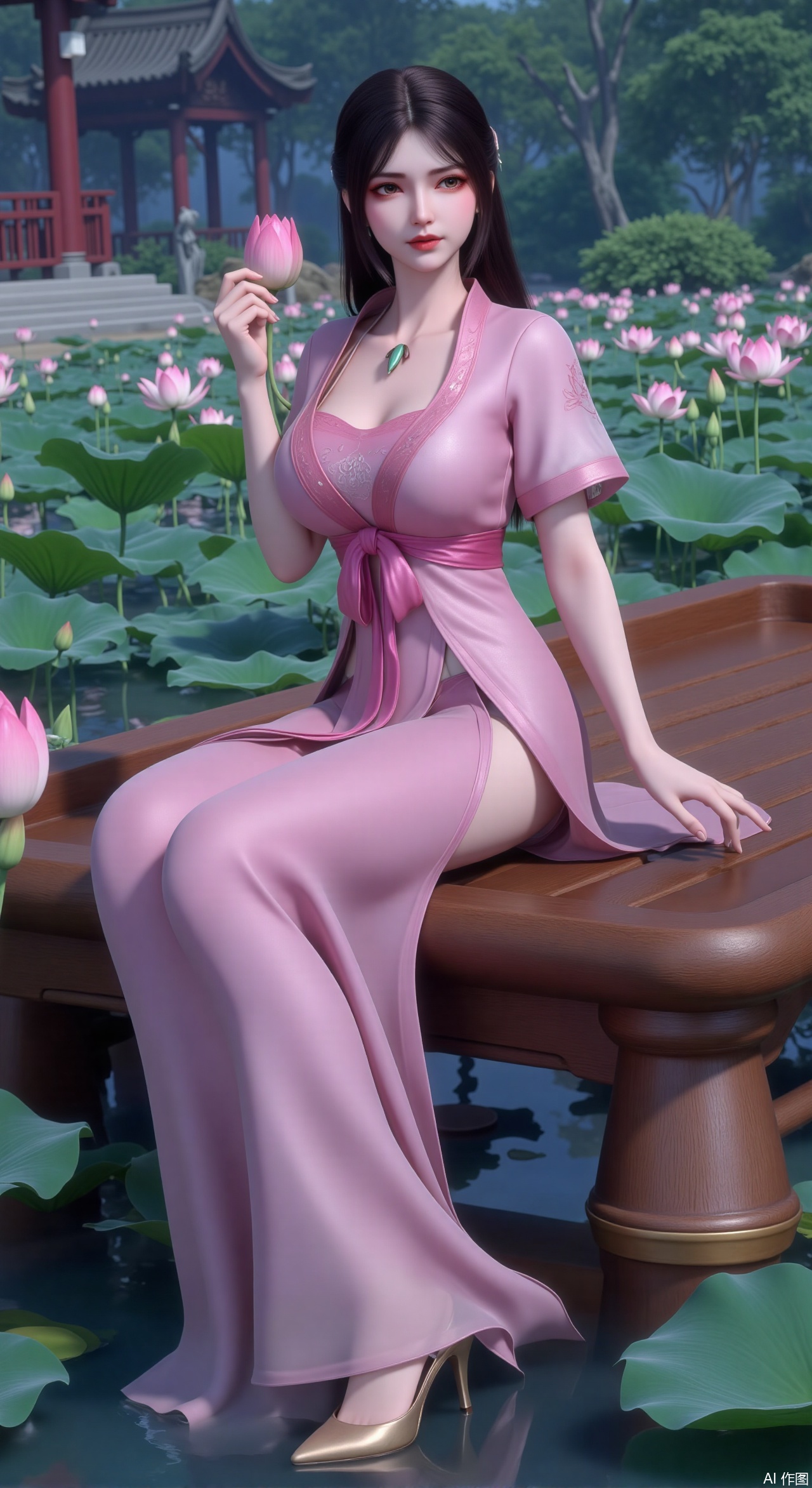  (masterpiece:1.2),best quality,The image is a digital illustration of a young woman sitting on a wooden bench in a pond with lily pads. She is wearing a long dress with design on the chest and sleeves. The dress has a high neckline and short sleeves,Holding a lotus in hand. She has long dark hair styled in loose waves and is wearing gold high heels. The woman is posing with one hand on her hip and the other resting on the edge of the bench. The background is filled with pink and white lotus flowers and green leaves. The overall mood of the image is peaceful and serene,(huge breasts:2.99),(full breasts:2.99),(Background with traditional Chinese architecture, lotus pond and pink lotus flowers:1.39),,Xzhihua,Xsiyouyou,Xyanruyu,Xmoxiaonan,Xyeqingxian,Xyinxuehou,Xpoyuhou,XbaihehuaiX,Xjiangbilan,Xhuajin,XshengcaierY,Xmengyuyi,Xxiaomei,Xhujiaoer
