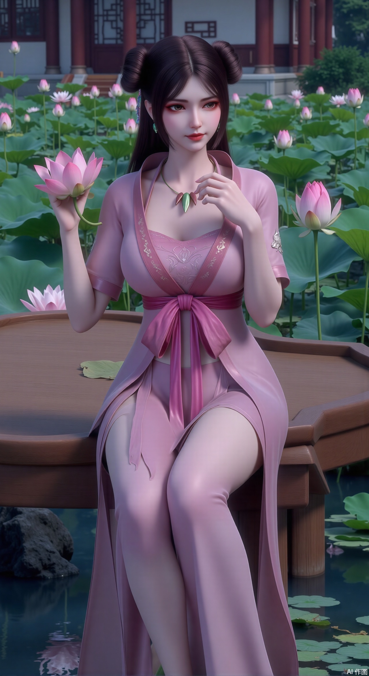  (masterpiece:1.2),best quality,The image is a digital illustration of a young woman sitting on a wooden bench in a pond with lily pads. She is wearing a long dress with design on the chest and sleeves. The dress has a high neckline and short sleeves,Holding a lotus in hand. She has long dark hair styled in loose waves and is wearing gold high heels. The woman is posing with one hand on her hip and the other resting on the edge of the bench. The background is filled with pink and white lotus flowers and green leaves. The overall mood of the image is peaceful and serene,(huge breasts:2.99),(full breasts:2.99),(Background with traditional Chinese architecture, lotus pond and pink lotus flowers:1.39),,Xzhihua,Xsiyouyou,Xyanruyu,Xmoxiaonan,Xyeqingxian,Xyinxuehou,Xpoyuhou,XbaihehuaiX,Xjiangbilan,Xhuajin,XshengcaierY,Xmengyuyi,Xxiaomei,Xhujiaoer