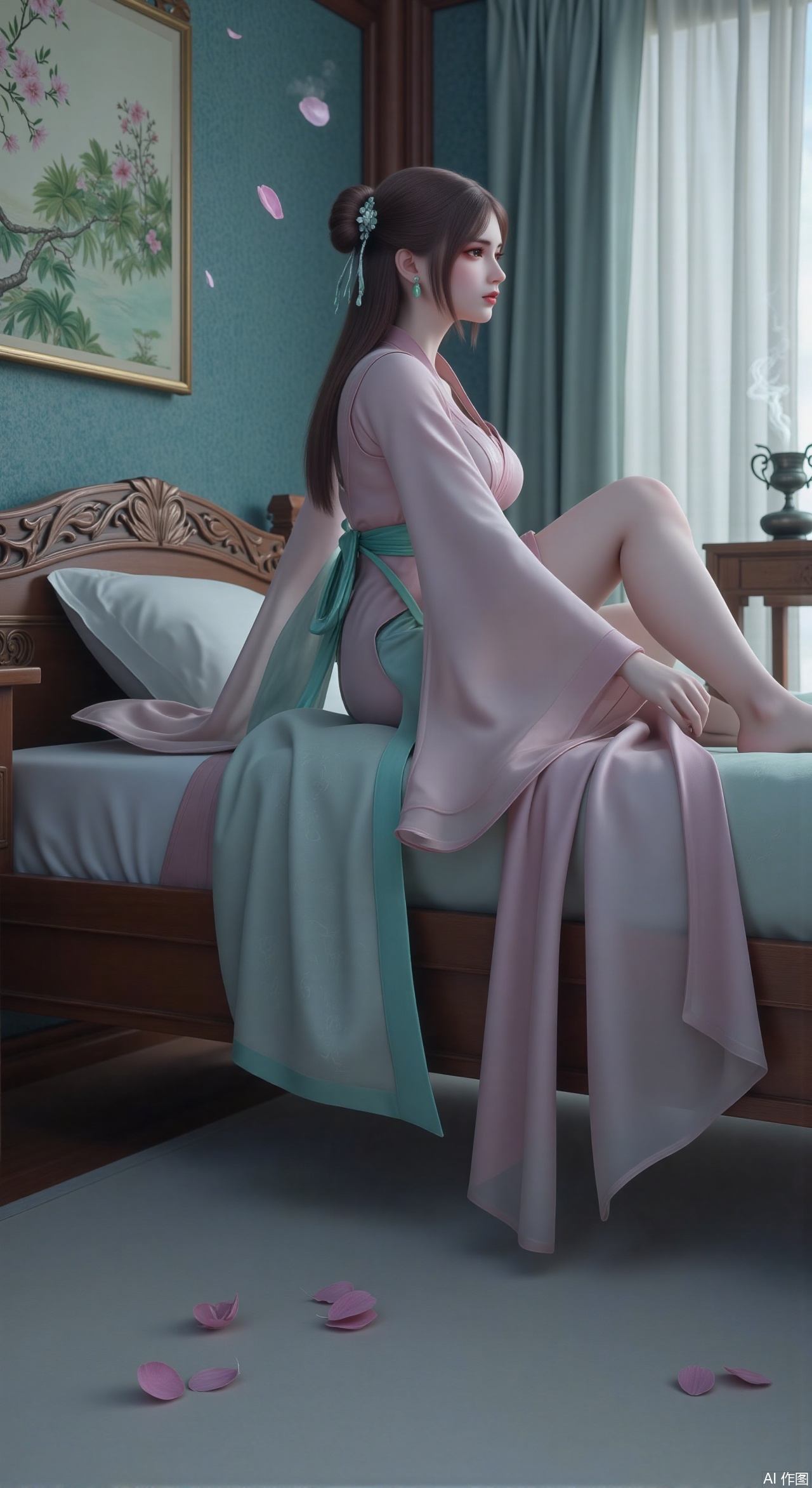 (masterpiece, best quality:1.2),Ancient Chinese boudoir scene, Hanfu dress ,sitting sideways on an intricately carved wooden bed, soft natural light filtering through sheer silk curtains, satin bedding with delicate sheen, detailed traditional Chinese Gongbi painting style, subtle celadon color palette, background featuring vintage dressing table and embroidered screen, falling plum blossom petals near window and wispy smoke from bronze incense burner, 8K resolution with intricate fabric draping and wood grain textures,,(huge breasts:2.99),(full breasts:2.99),,Xzhihua,Xsiyouyou,Xyanruyu,Xmoxiaonan,Xyeqingxian,Xyinxuehou,Xpoyuhou,XbaihehuaiX,Xjiangbilan,Xhuajin,XshengcaierY,Xmengyuyi,Xxiaomei,Xhujiaoer