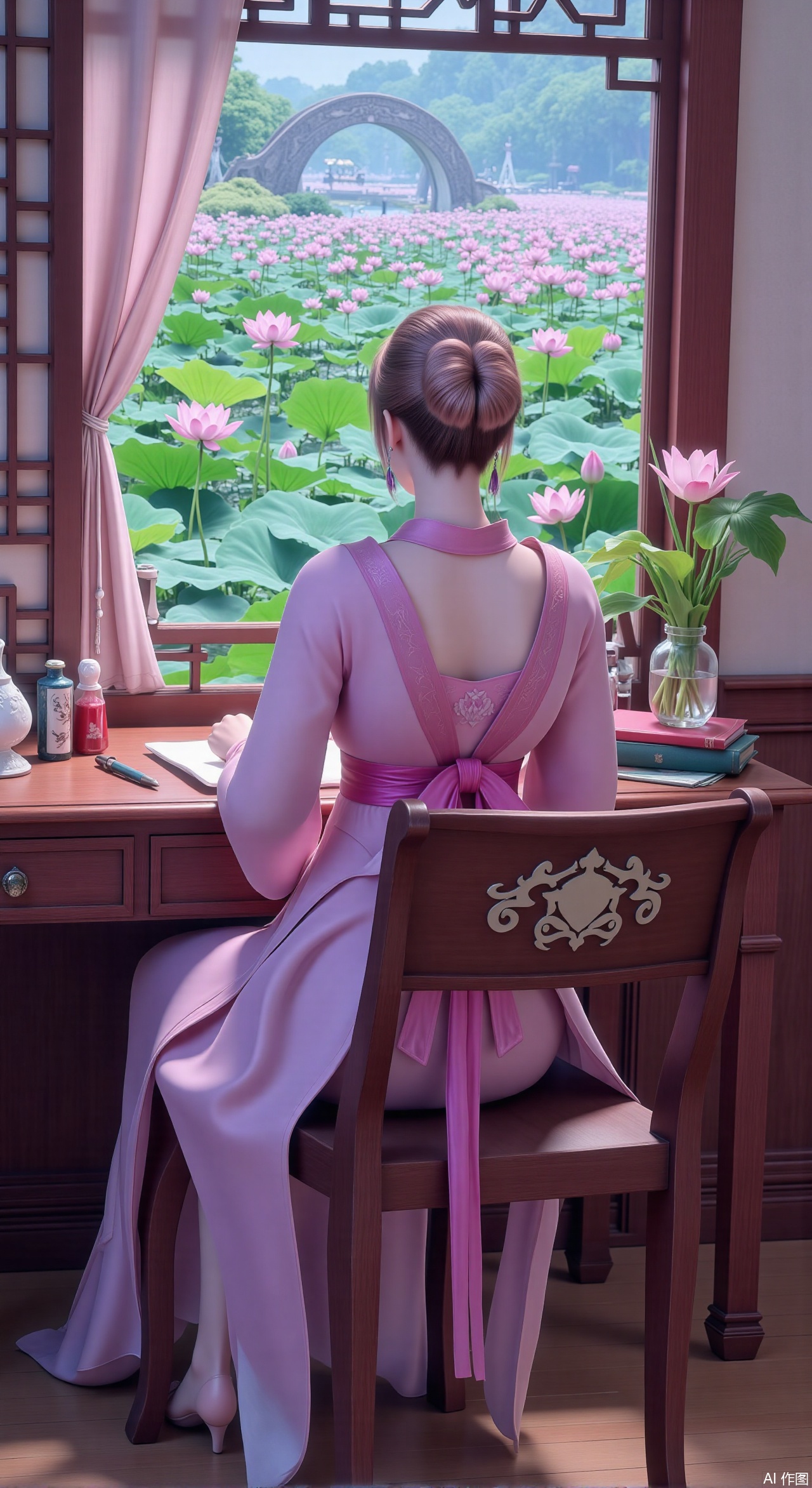(masterpiece, best quality:1.2),1girl, solo, long dress,Ancient princess's boudoir with bright color palette,,(huge breasts:2.59),(full breasts:2.39), Hanfu-clad maiden sitting by latticed window desk in romantic daydreaming posture, classical Chinese garden through window showcasing lotus pond filled with blooming pink and white lotuses, delicate ink-wash painting style, interior featuring rosewood furniture with mother-of-pearl inlay, silk curtains fluttering in breeze, porcelain stationery set on desk, distant view of curved bridges and pavilions in garden, ultra HD rendering with crisp details on embroidered garments and translucent lotus petals,,(huge breasts:2.99),(full breasts:2.99),,Xzhihua,Xsiyouyou,Xyanruyu,Xmoxiaonan,Xyeqingxian,Xyinxuehou,Xpoyuhou,XbaihehuaiX,Xjiangbilan,Xhuajin,XshengcaierY,Xmengyuyi,Xxiaomei,Xhujiaoer