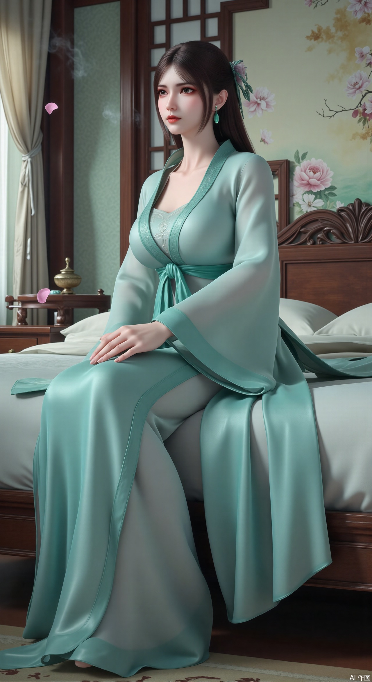 (masterpiece, best quality:1.2),Ancient Chinese boudoir scene, Hanfu dress ,sitting sideways on an intricately carved wooden bed, soft natural light filtering through sheer silk curtains, satin bedding with delicate sheen, detailed traditional Chinese Gongbi painting style, subtle celadon color palette, background featuring vintage dressing table and embroidered screen, falling plum blossom petals near window and wispy smoke from bronze incense burner, 8K resolution with intricate fabric draping and wood grain textures,,(huge breasts:2.99),(full breasts:2.99),,Xzhihua,Xsiyouyou,Xyanruyu,Xmoxiaonan,Xyeqingxian,Xyinxuehou,Xpoyuhou,XbaihehuaiX,Xjiangbilan,Xhuajin,XshengcaierY,Xmengyuyi,Xxiaomei,Xhujiaoer