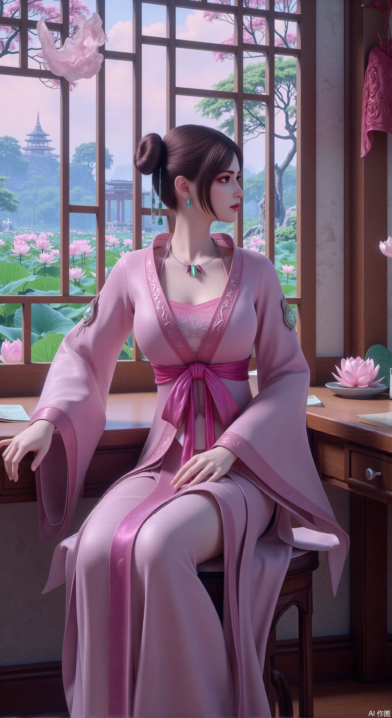 (masterpiece, best quality:1.2),1girl, solo, long dress,Ancient princess's boudoir with bright color palette,,(huge breasts:2.59),(full breasts:2.39), Hanfu-clad maiden sitting by latticed window desk in romantic daydreaming posture, classical Chinese garden through window showcasing lotus pond filled with blooming pink and white lotuses, delicate ink-wash painting style, interior featuring rosewood furniture with mother-of-pearl inlay, silk curtains fluttering in breeze, porcelain stationery set on desk, distant view of curved bridges and pavilions in garden, ultra HD rendering with crisp details on embroidered garments and translucent lotus petals,,(huge breasts:2.99),(full breasts:2.99),,Xzhihua,Xsiyouyou,Xyanruyu,Xmoxiaonan,Xyeqingxian,Xyinxuehou,Xpoyuhou,XbaihehuaiX,Xjiangbilan,Xhuajin,XshengcaierY,Xmengyuyi,Xxiaomei,Xhujiaoer