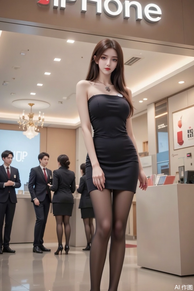Masterpiece, best quality, high quality, (colorful), medium chest, (black hair: 1.4), (long legs: 1.3),8K, 120 frames per second, ultra clear. A girl stood in front of an iPhone store with her legs together, holding a small ladies' handbag in one hand and looking at the camera with a melancholic expression. Her legs are straight and thin. She was wearing a fashionable one shoulder strapless dress, sleeveless, and ultra short skirt, with fair and delicate skin and a white sheen. (Chest circumference: 1.3), (Long legs: 1.9), her long hair is brown, hanging from her shoulders to her waist, outlining her face. Beautiful hair and rose colored lips. High heels, pink nails, full body, facing the audience, low angle shooting. Background: Ipone mobile phone specialty store, with various Ipone electronic products displayed on the counter. There are employees in the store wearing professional workwear suits, short skirts, black pantyhose, high heels, and work badges hanging on their chests. Busy shop assistants.