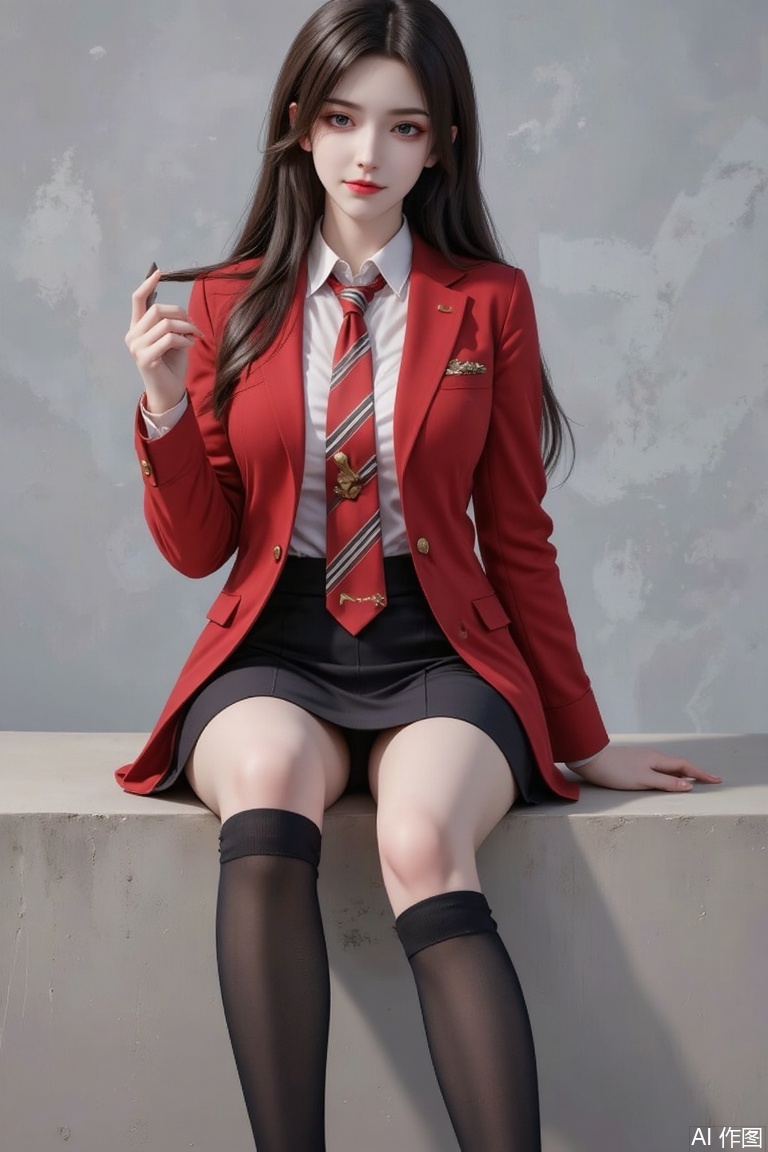 Masterpiece, best quality, high quality, (colorful), huge chest, (black hair: 1.4), (long legs: 1.3), 1girl, solo, long hair, looking at viewer, smile, skirt, brown hair, shirt, long sleeves, sitting, school uniform, jacket, full body, white shirt, necktie, shoes, socks, striped, collared shirt, black footwear, kneehighs, blazer, red necktie, black socks, red jacket, pencil skirt, realistic, striped necktie,fullbody